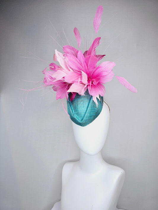 kentucky derby hat fascinator turquoise blue sinamay with fluffy baby pink feather flowers