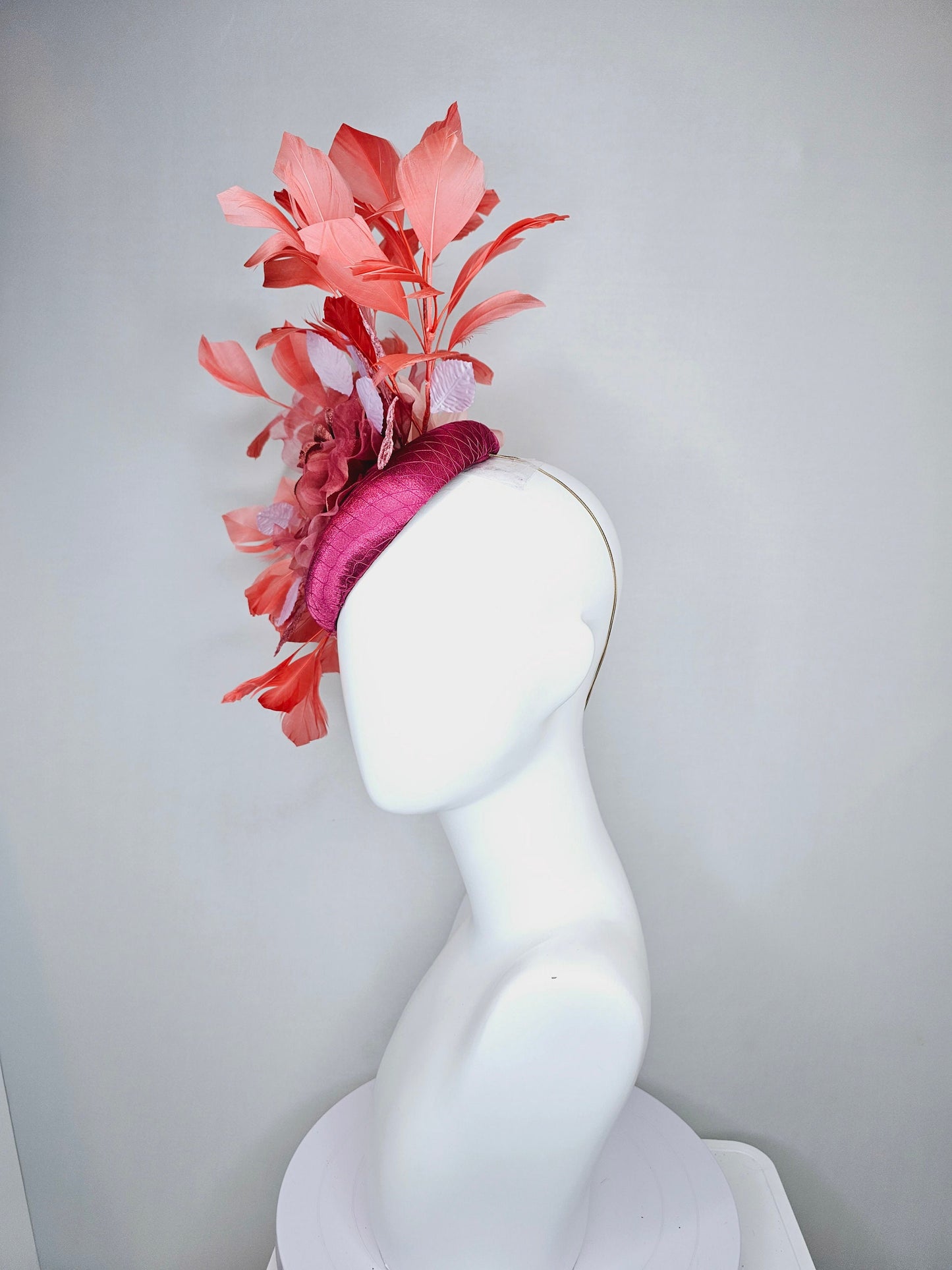 kentucky derby hat fascinator magenta purple pink satin with coral red organza satin flower,coral orange feathers and white peach leaves