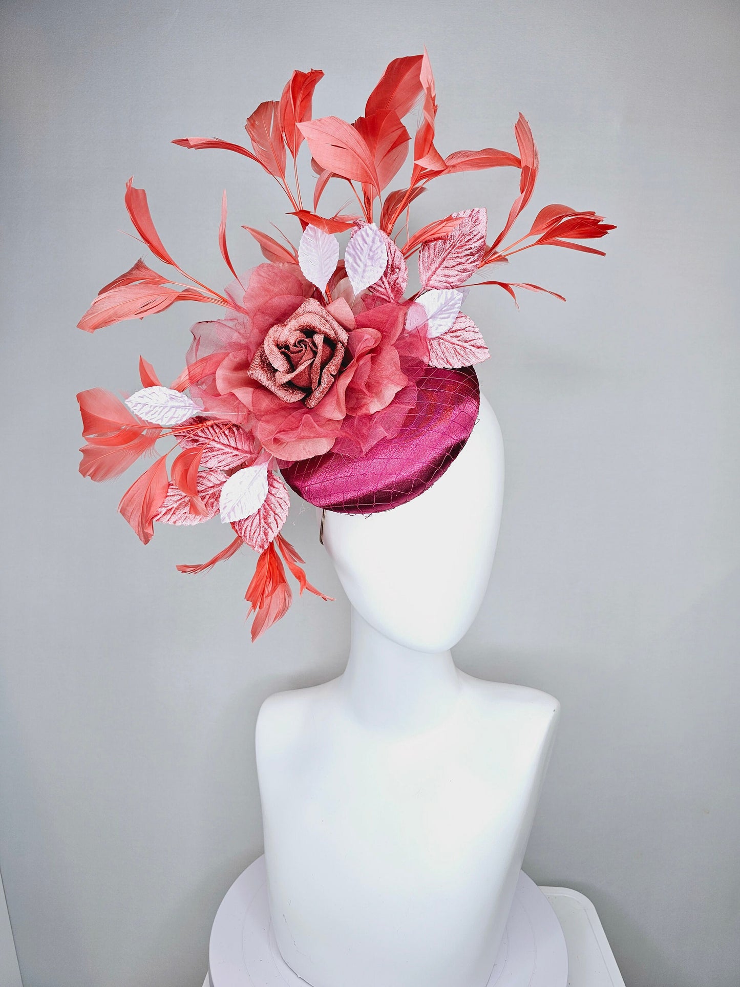 kentucky derby hat fascinator magenta purple pink satin with coral red organza satin flower,coral orange feathers and white peach leaves