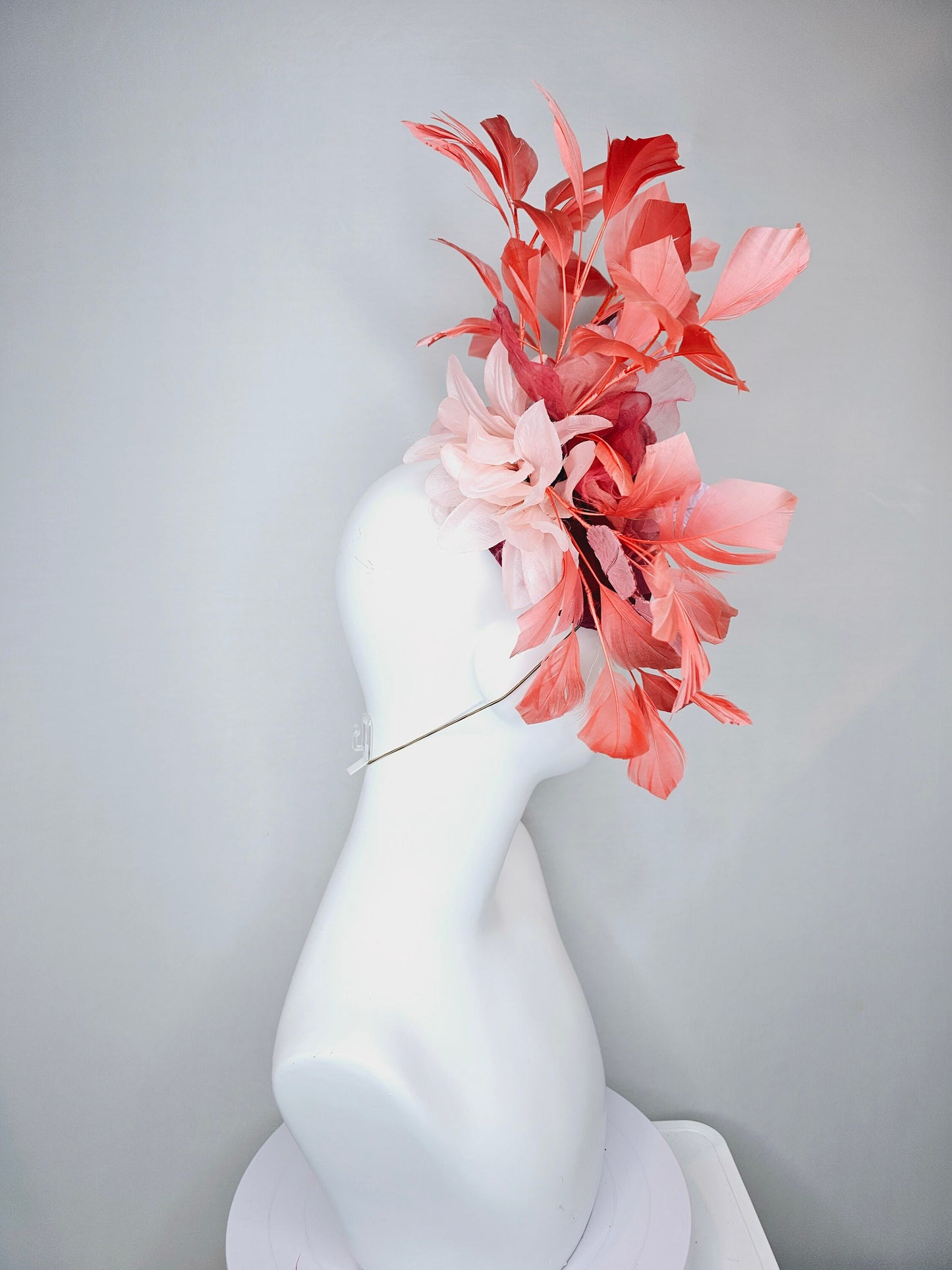 kentucky derby hat fascinator magenta purple pink satin with coral red organza satin flower,coral orange feathers and white peach leaves