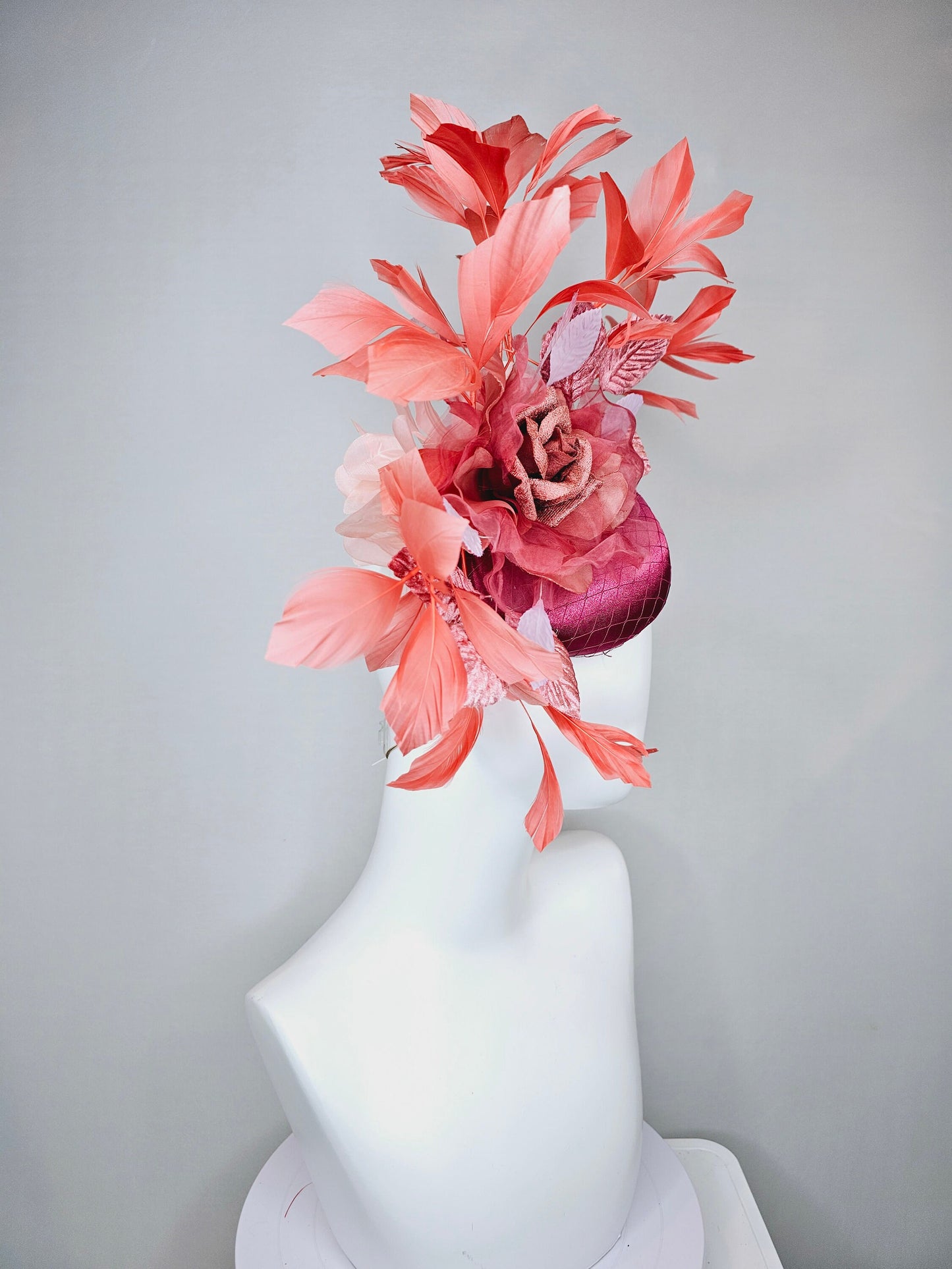 kentucky derby hat fascinator magenta purple pink satin with coral red organza satin flower,coral orange feathers and white peach leaves