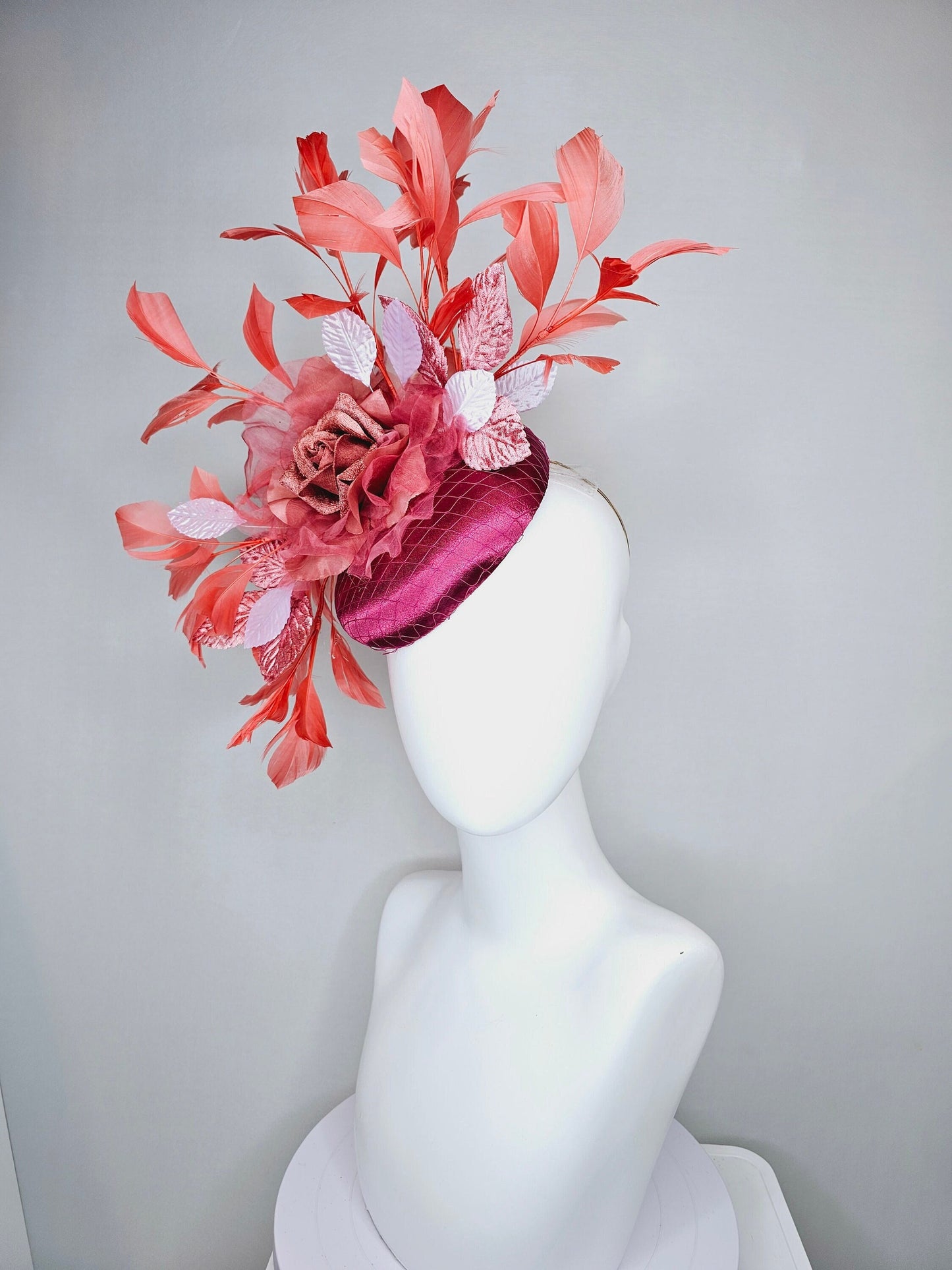 kentucky derby hat fascinator magenta purple pink satin with coral red organza satin flower,coral orange feathers and white peach leaves