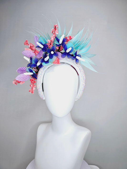 kentucky derby hat fascinator white iridescent swarovski crystal headband,aqua blue feathers,purple coral velvet leaves flowers,blue flowers