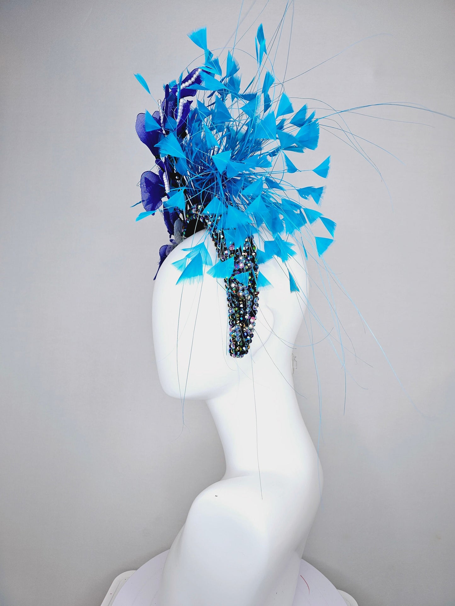 kentucky derby hat fascinator iridescent blue rhinestone crystal headband with blue wire flowers,ocean blue feathers,white velvet leaves