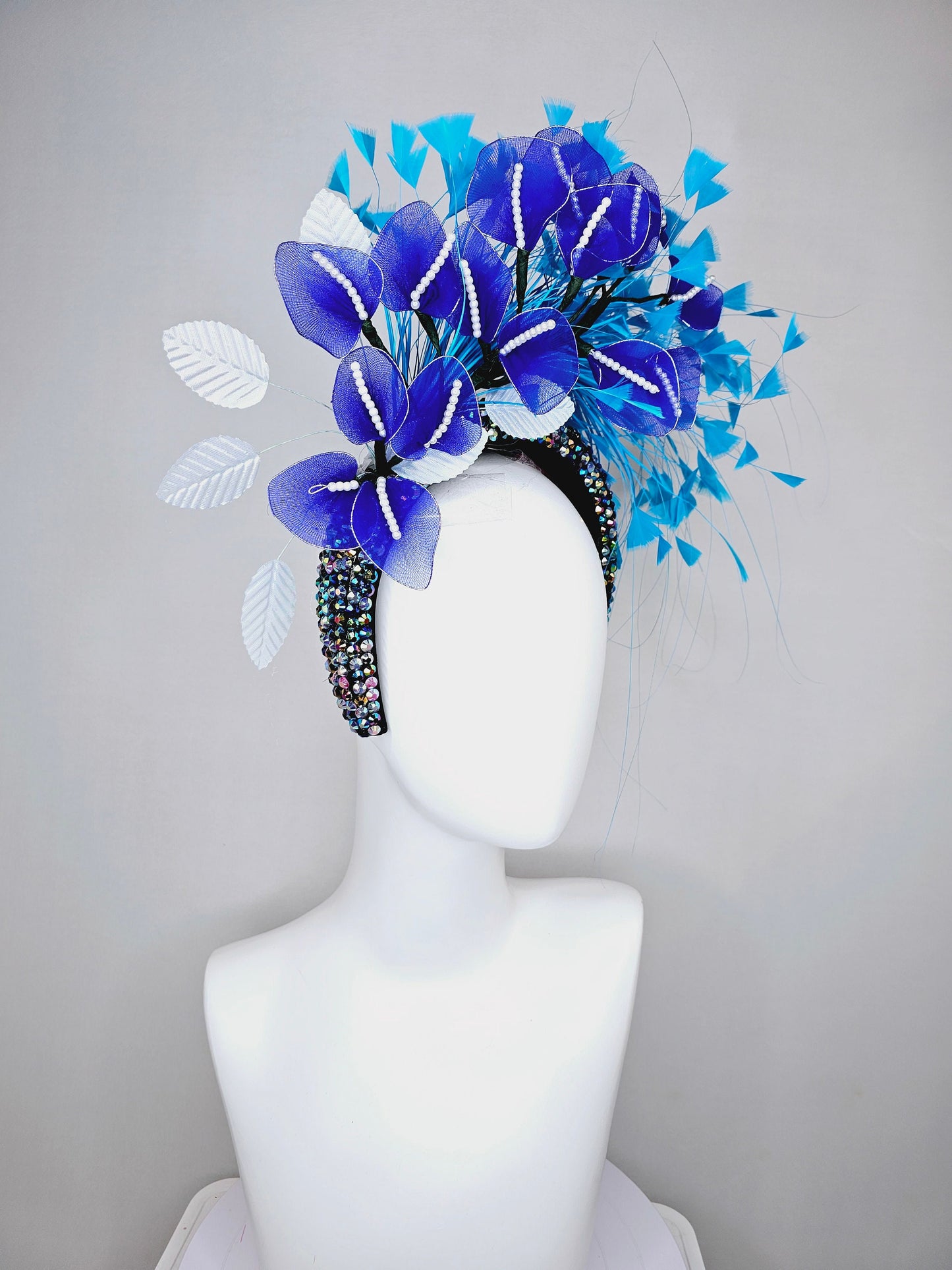 kentucky derby hat fascinator iridescent blue rhinestone crystal headband with blue wire flowers,ocean blue feathers,white velvet leaves