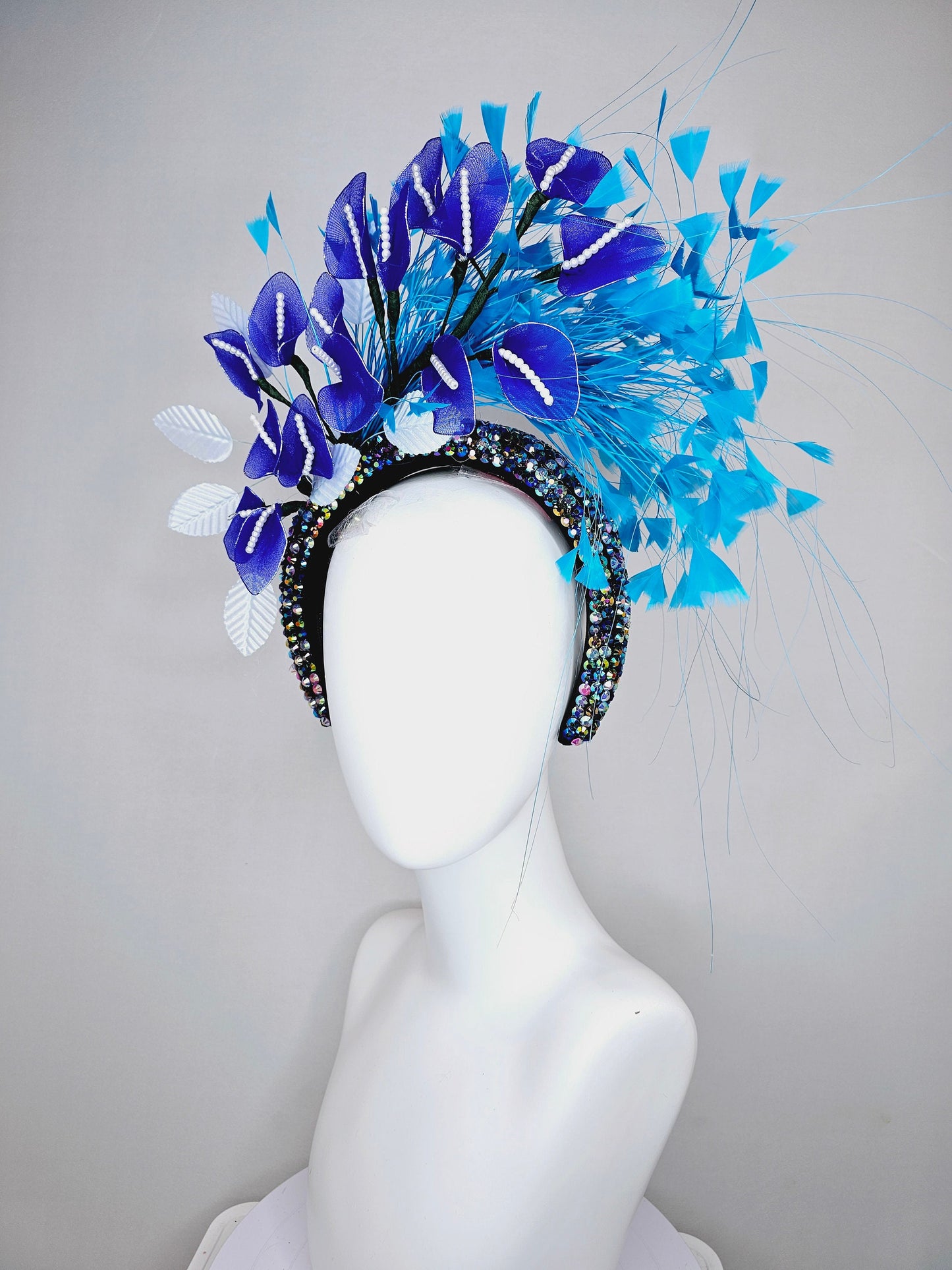 kentucky derby hat fascinator iridescent blue rhinestone crystal headband with blue wire flowers,ocean blue feathers,white velvet leaves