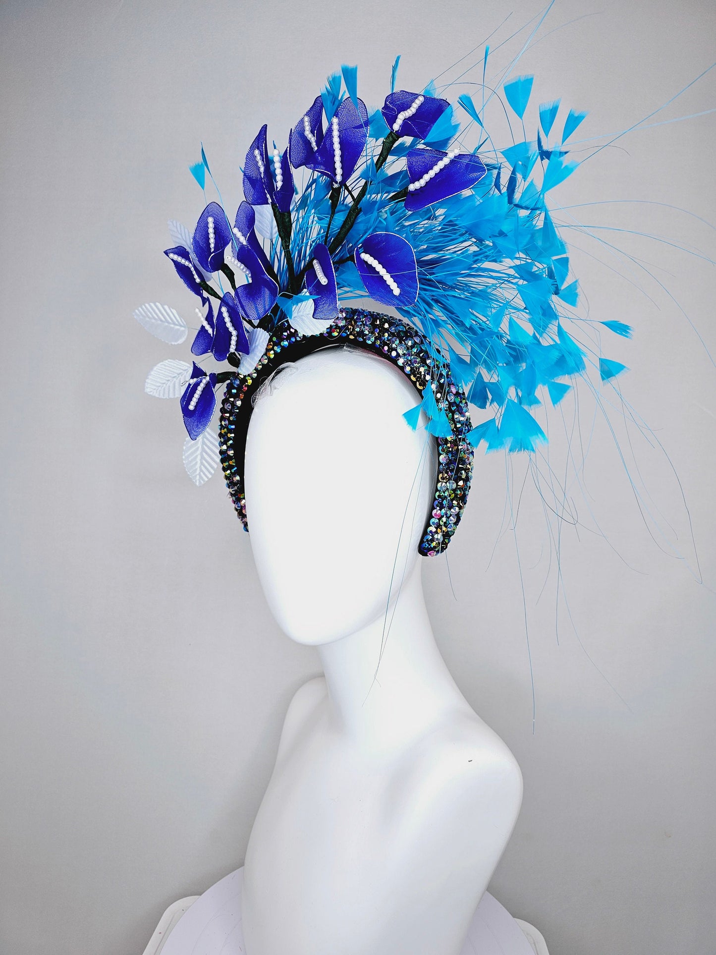 kentucky derby hat fascinator iridescent blue rhinestone crystal headband with blue wire flowers,ocean blue feathers,white velvet leaves