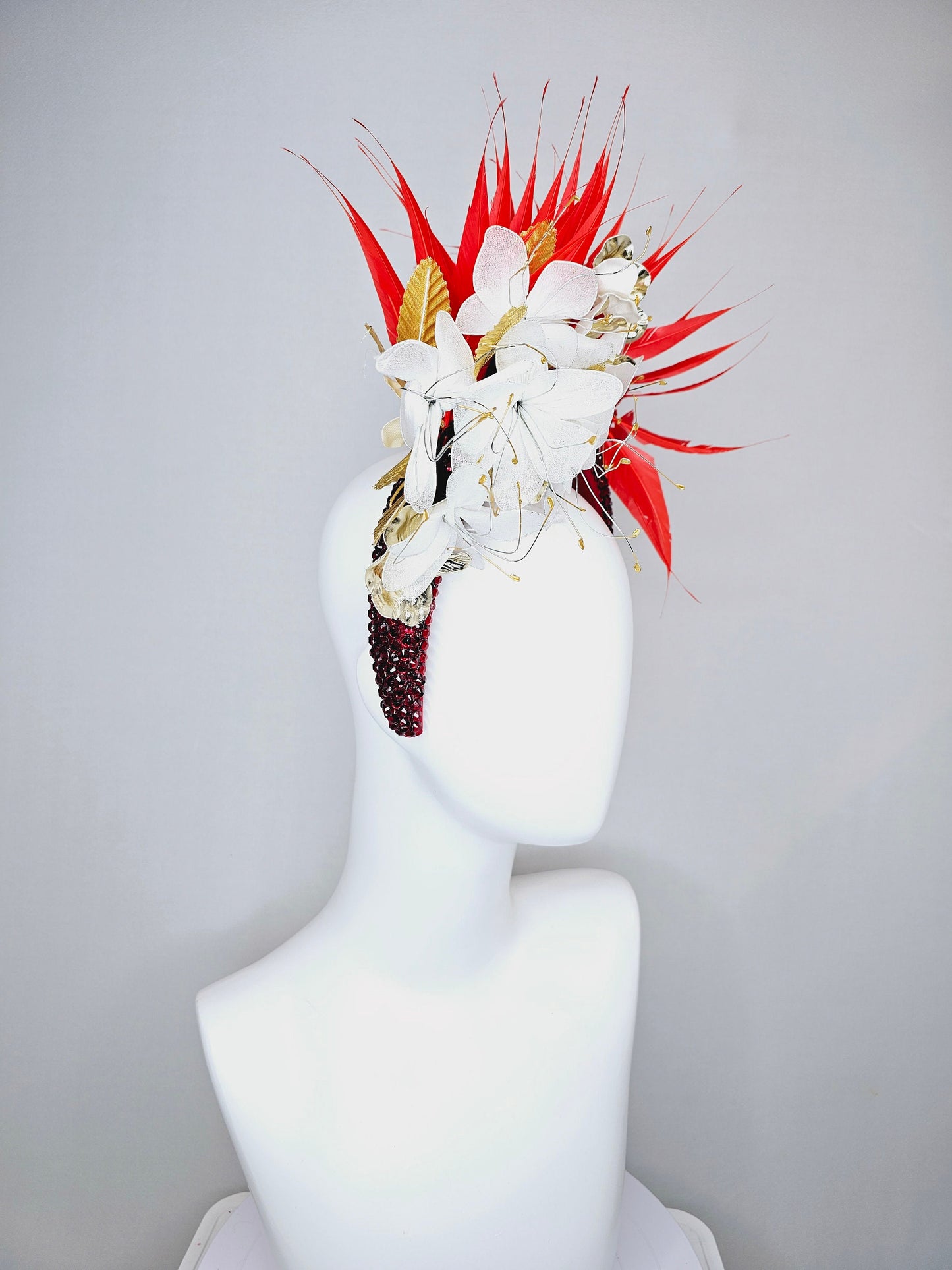 kentucky derby hat fascinator white wire mesh flowers,with bright red feathers and gold leaves on wine red swarovski crystal headband