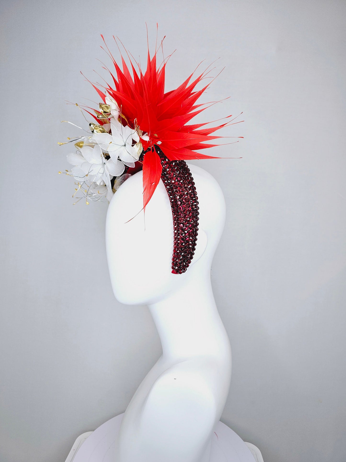 kentucky derby hat fascinator white wire mesh flowers,with bright red feathers and gold leaves on wine red swarovski crystal headband