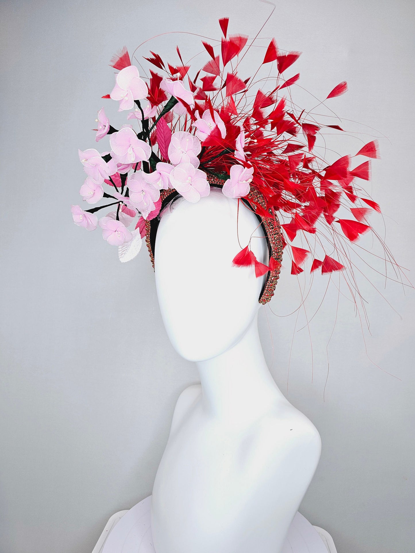 kentucky derby hat fascinator red rhinestone crystal headband,light pink wire mesh flowers,pink velvet leaves,and red branching feathers