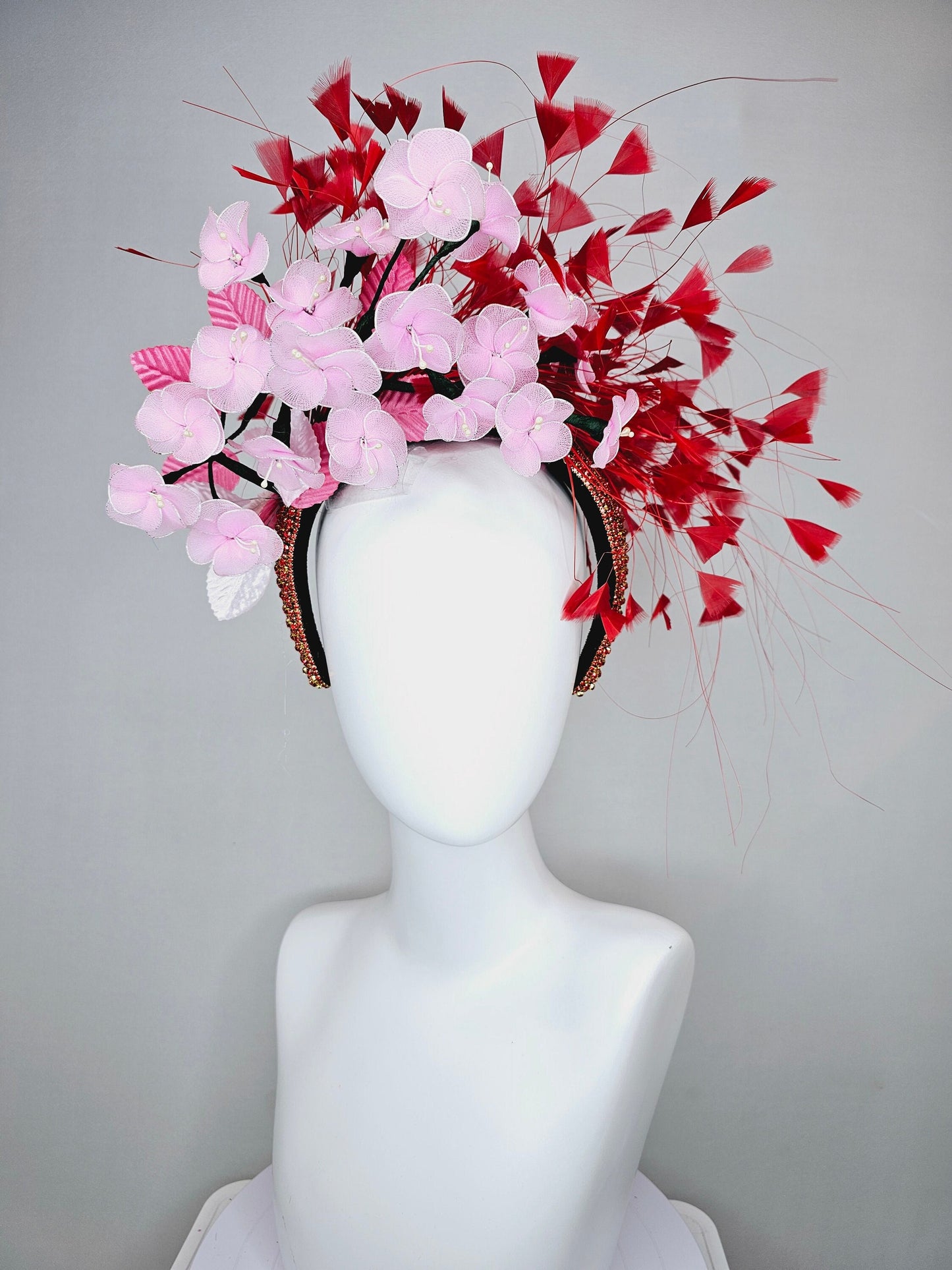 kentucky derby hat fascinator red rhinestone crystal headband,light pink wire mesh flowers,pink velvet leaves,and red branching feathers