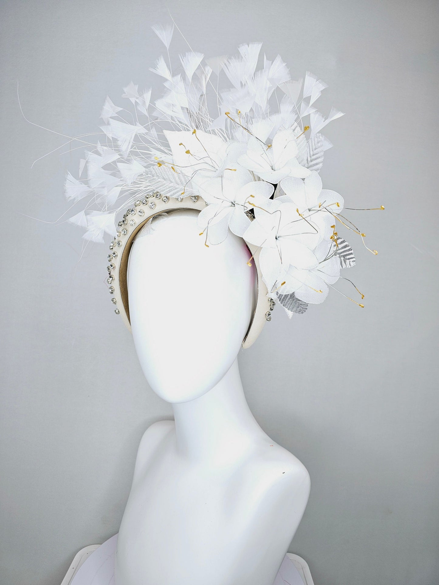 kentucky derby hat fascinator ivory cream crystal rhinestone beaded headband with white wire mesh flowers,white leaves and white feathers