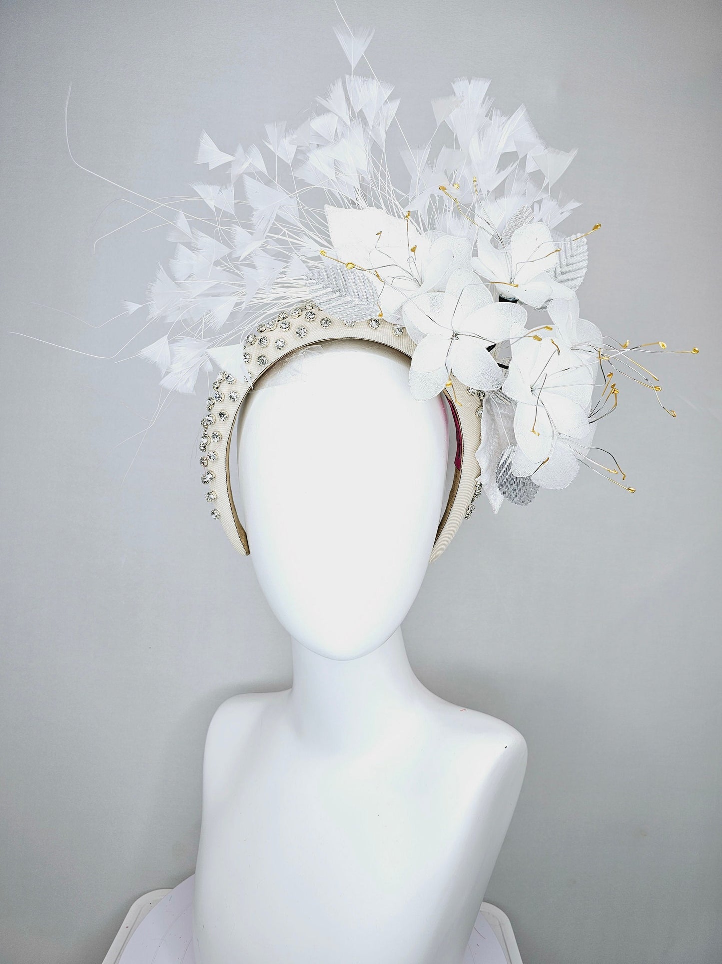 kentucky derby hat fascinator ivory cream crystal rhinestone beaded headband with white wire mesh flowers,white leaves and white feathers