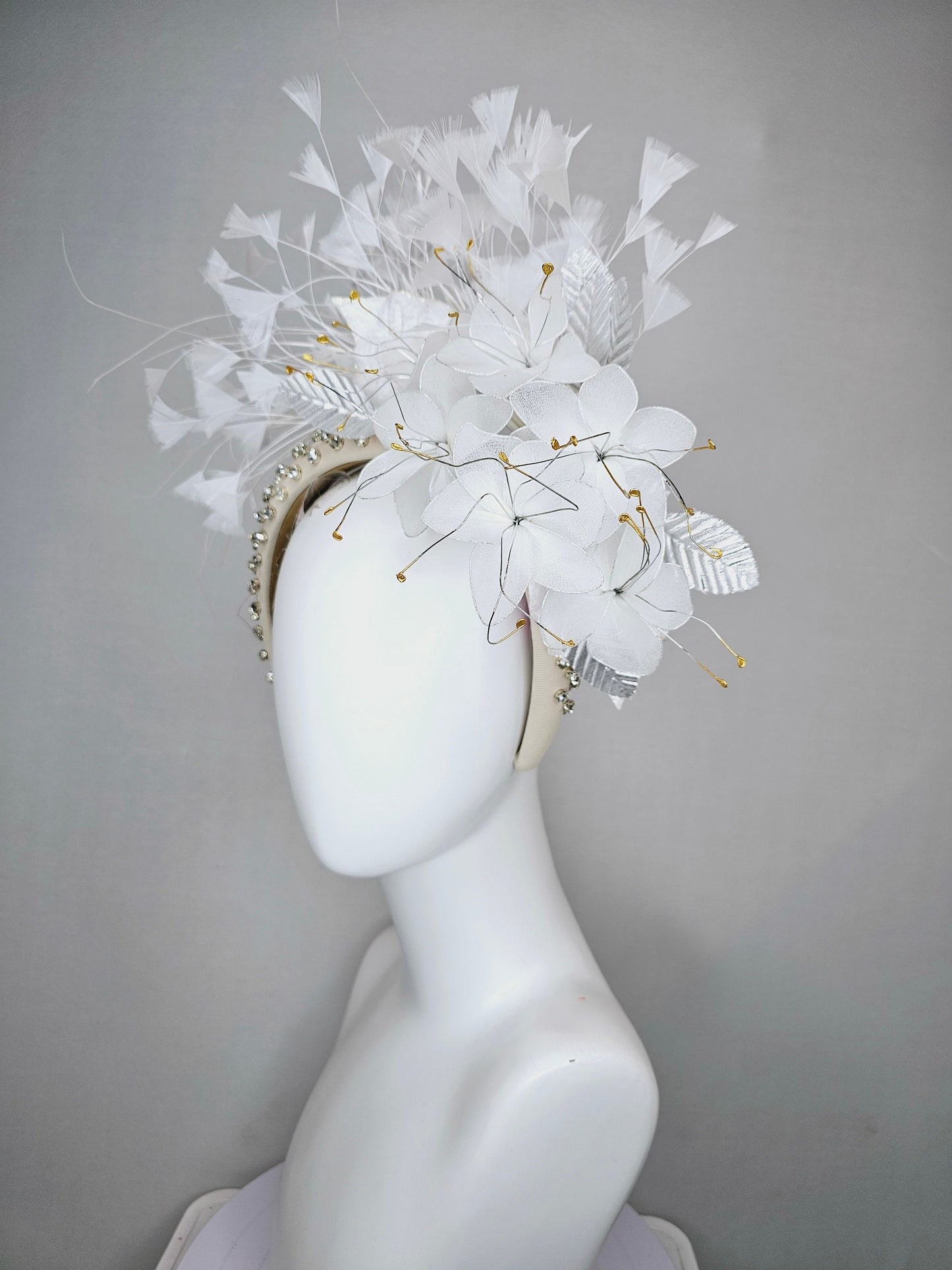 kentucky derby hat fascinator ivory cream crystal rhinestone beaded headband with white wire mesh flowers,white leaves and white feathers