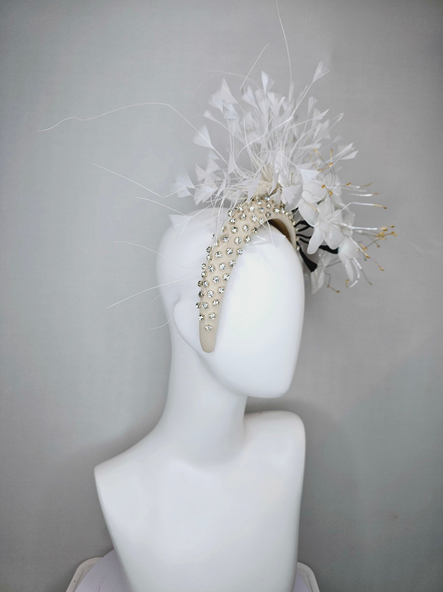 kentucky derby hat fascinator ivory cream crystal rhinestone beaded headband with white wire mesh flowers,white leaves and white feathers