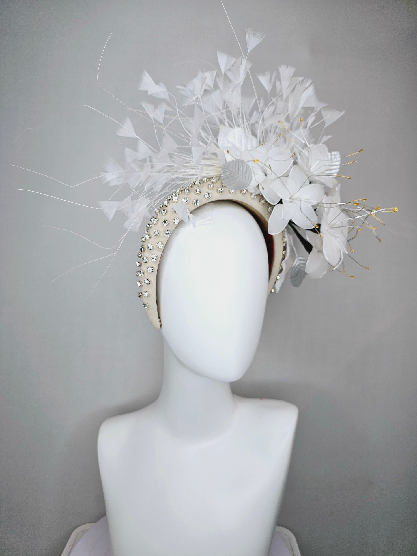 kentucky derby hat fascinator ivory cream crystal rhinestone beaded headband with white wire mesh flowers,white leaves and white feathers