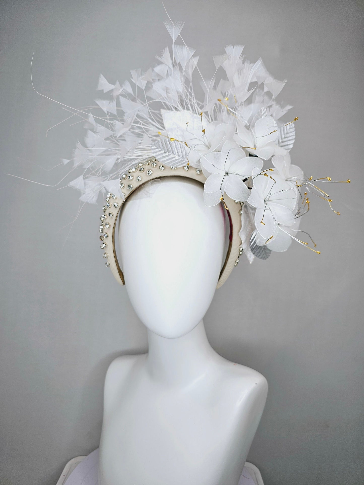 kentucky derby hat fascinator ivory cream crystal rhinestone beaded headband with white wire mesh flowers,white leaves and white feathers