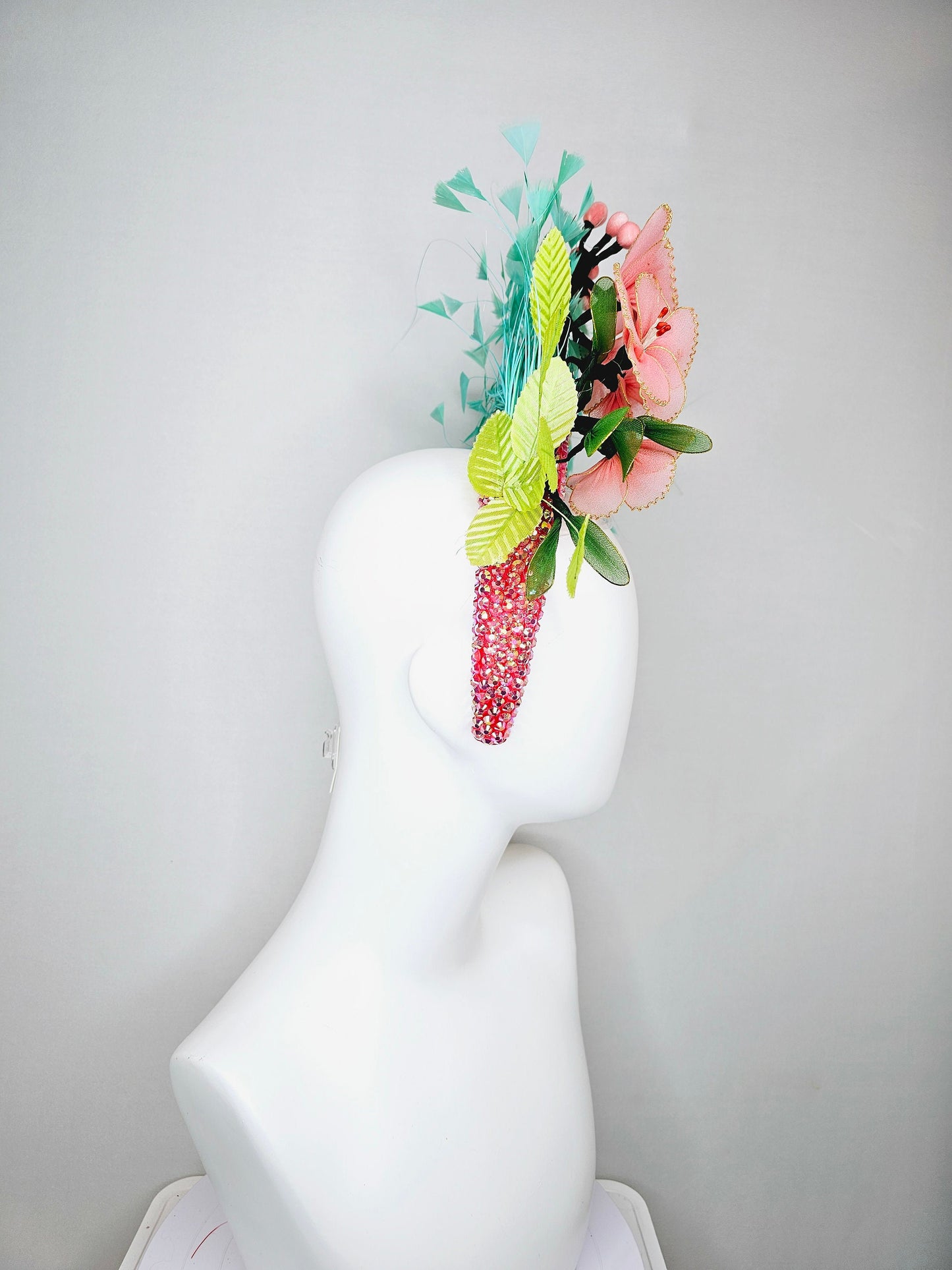 kentucky derby hat fascinator turquoise blue feathers on iridescent crystal coral headband with peach pink wire mesh flowers,green leaves