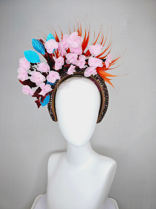 kentucky derby hat fascinator swarovski crystal rhinestone headband in brown iridescent brunette with light pink flowers,and orange feathers