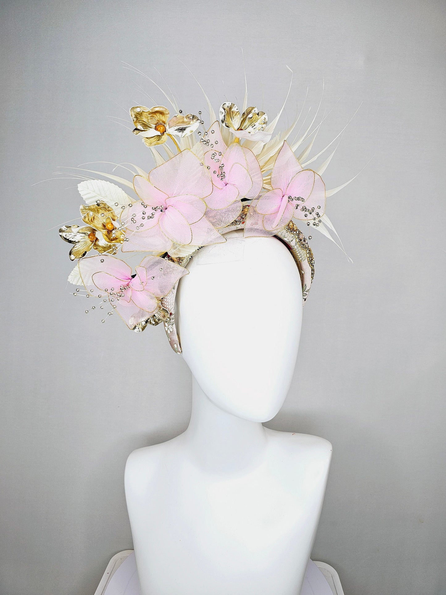 kentucky derby hat fascinator light pink and gold flowers with ivory cream feathers on champagne crystal gold rhinestone beaded headband