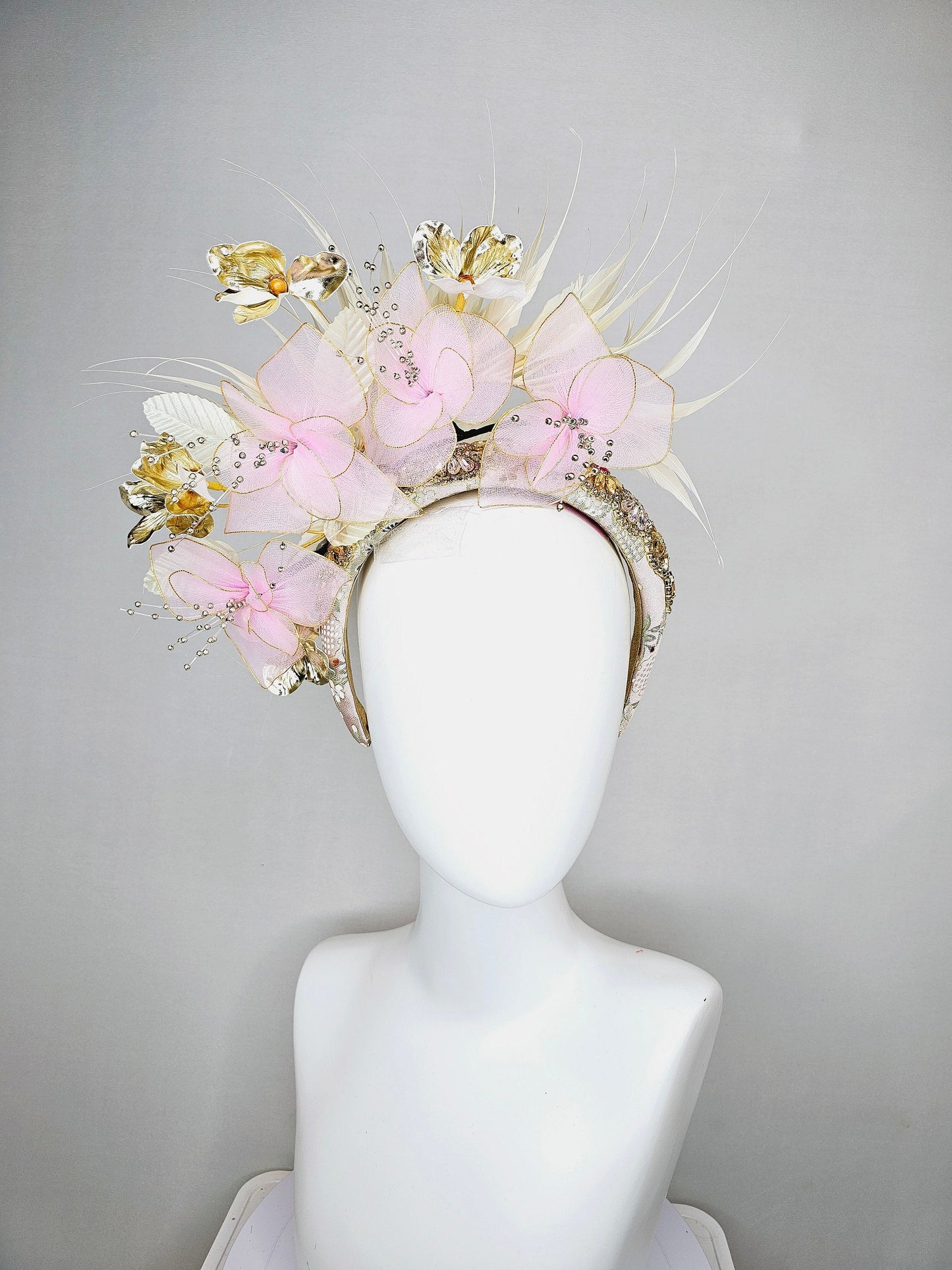 kentucky derby hat fascinator light pink and gold flowers with ivory cream feathers on champagne crystal gold rhinestone beaded headband