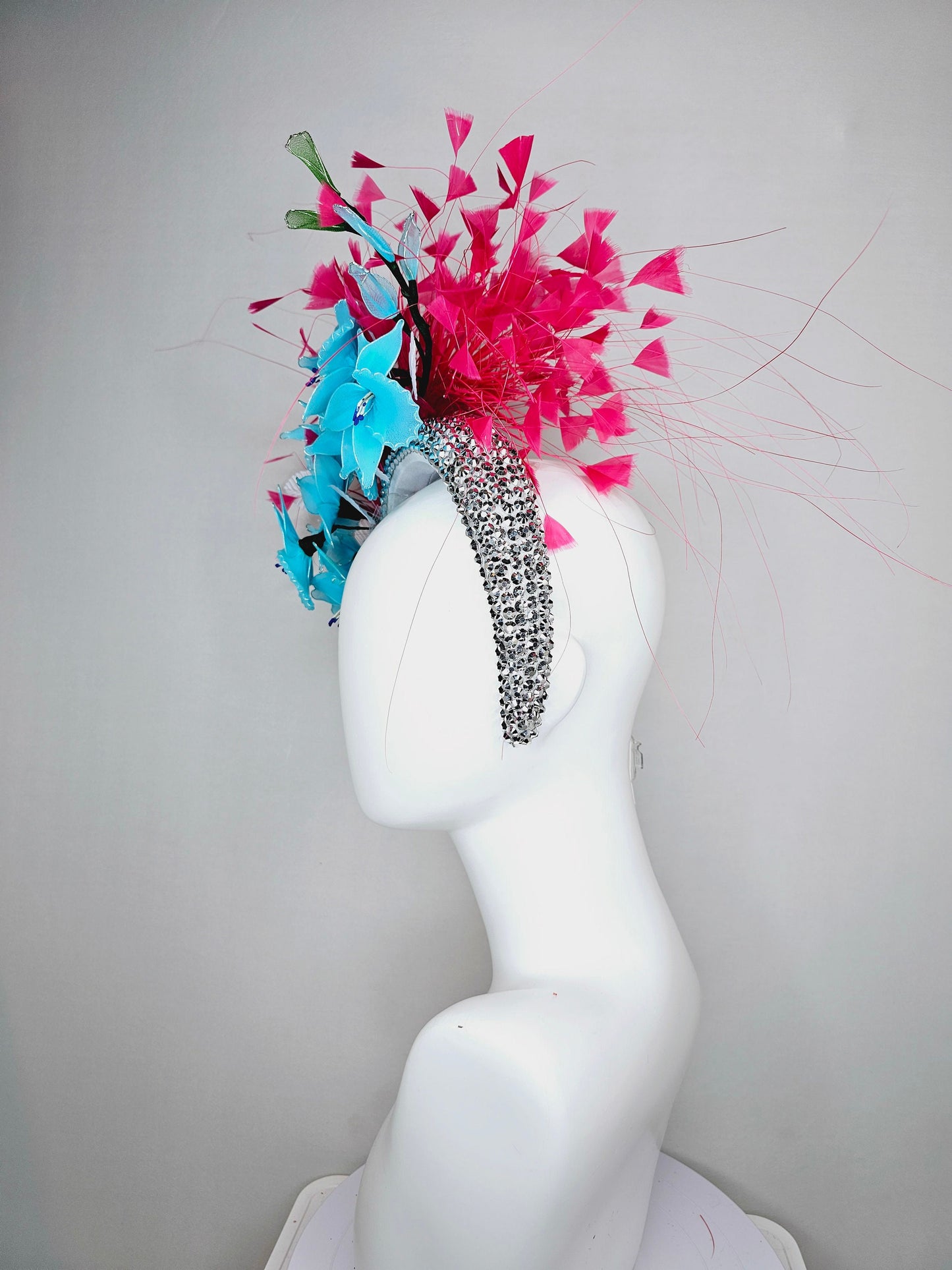 kentucky derby hat fascinator silver swarovski crystal headband with hot pink feathers and turquoise aqua blue wired flowers,white leaves