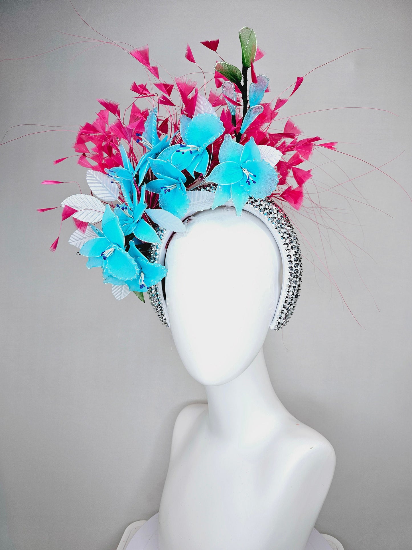 kentucky derby hat fascinator silver swarovski crystal headband with hot pink feathers and turquoise aqua blue wired flowers,white leaves