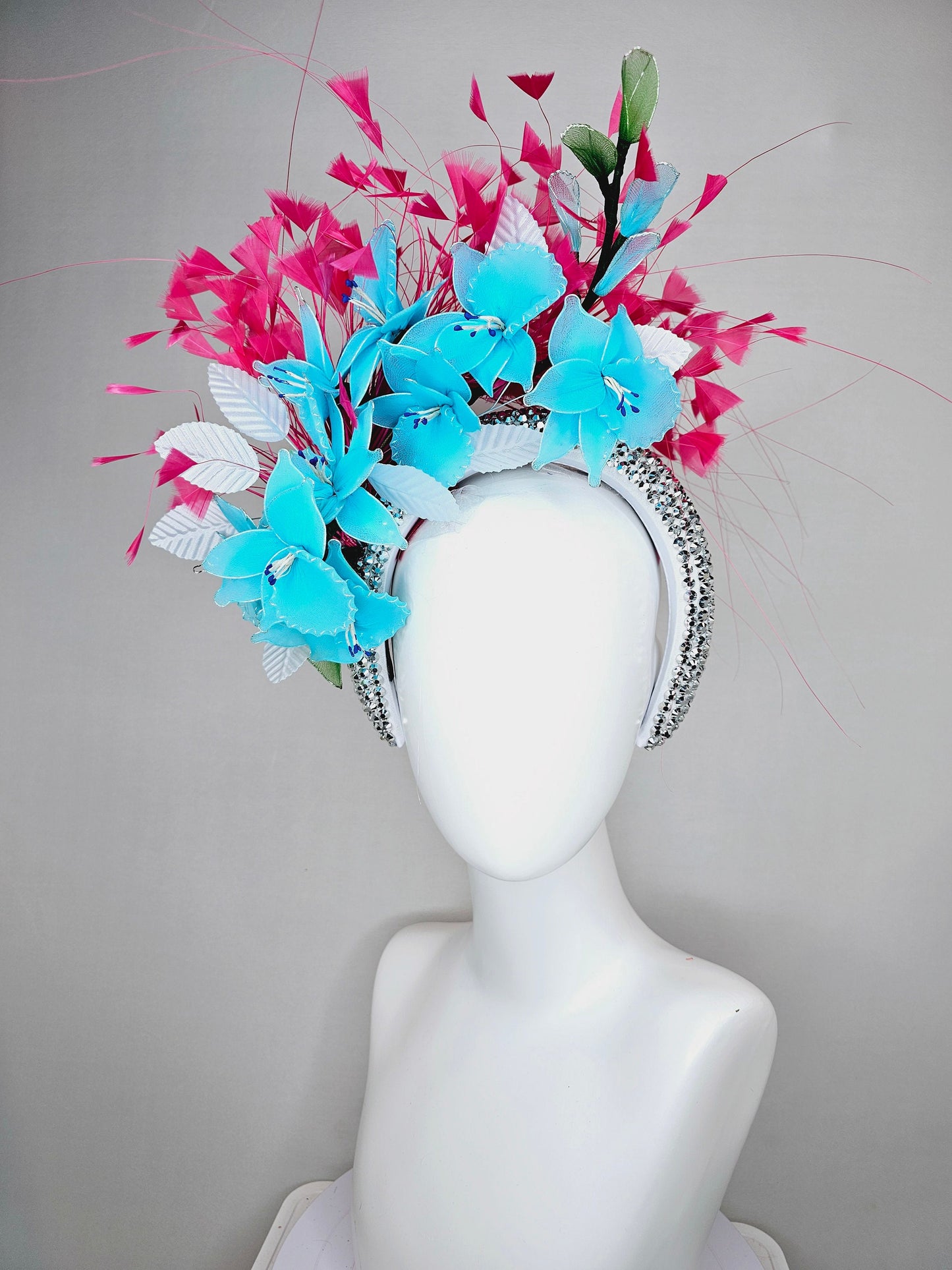 kentucky derby hat fascinator silver swarovski crystal headband with hot pink feathers and turquoise aqua blue wired flowers,white leaves