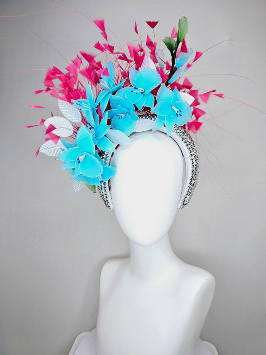 kentucky derby hat fascinator silver swarovski crystal headband with hot pink feathers and turquoise aqua blue wired flowers,white leaves