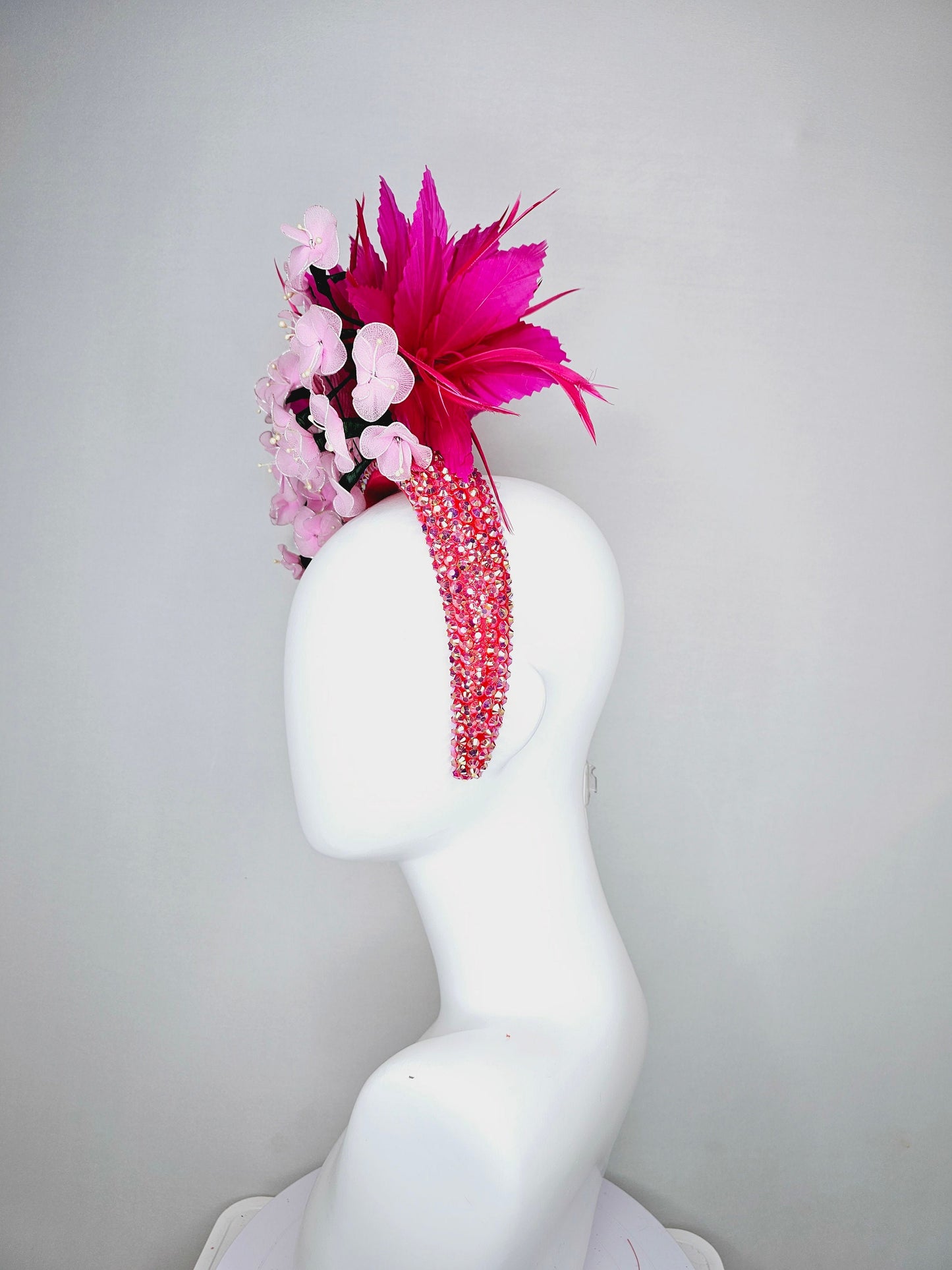 kentucky derby hat fascinator hot pink and red feathers on iridescent crystal coral headband with light pink wire mesh flowers,pink leaves