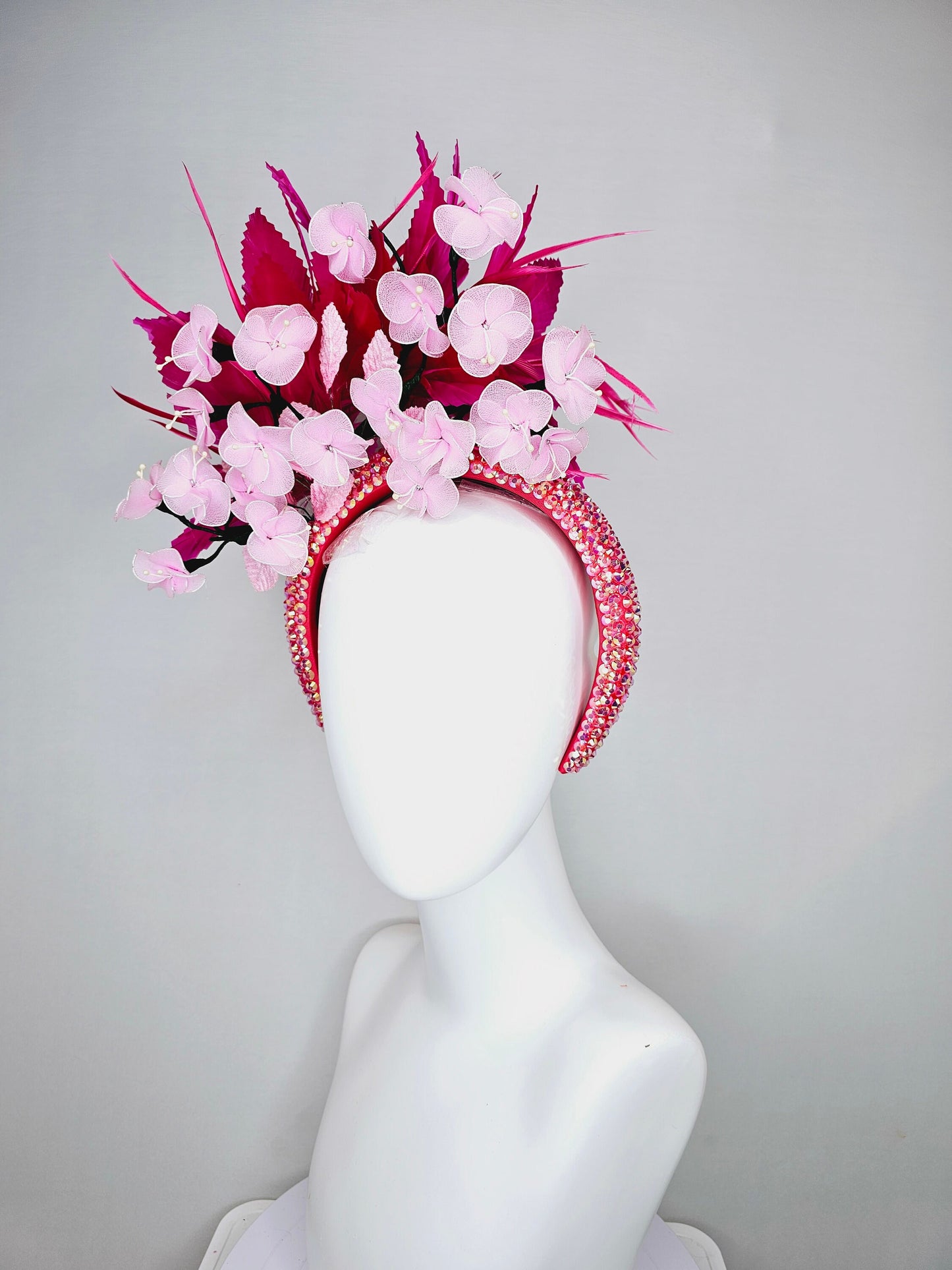 kentucky derby hat fascinator hot pink and red feathers on iridescent crystal coral headband with light pink wire mesh flowers,pink leaves