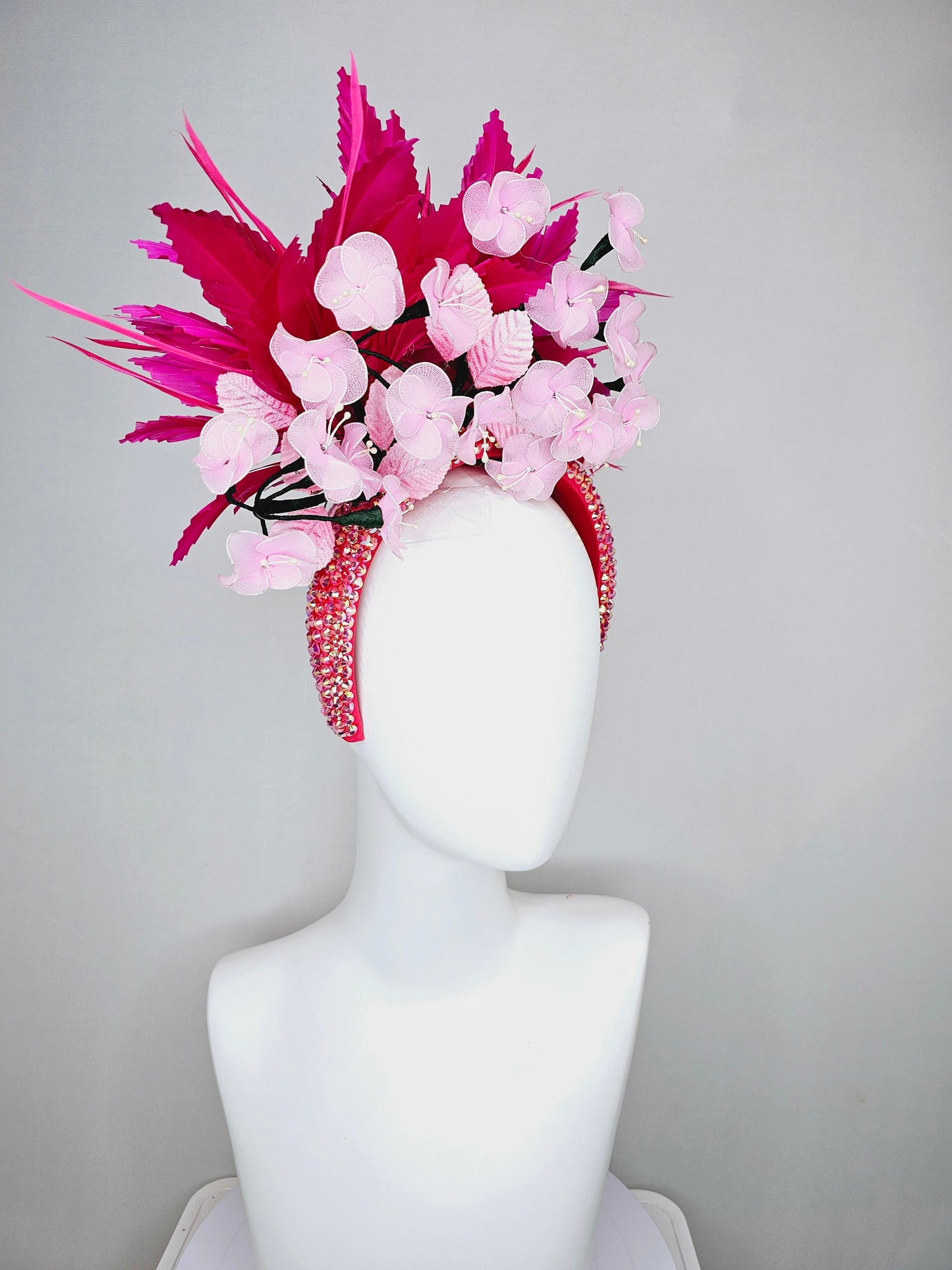 kentucky derby hat fascinator hot pink and red feathers on iridescent crystal coral headband with light pink wire mesh flowers,pink leaves