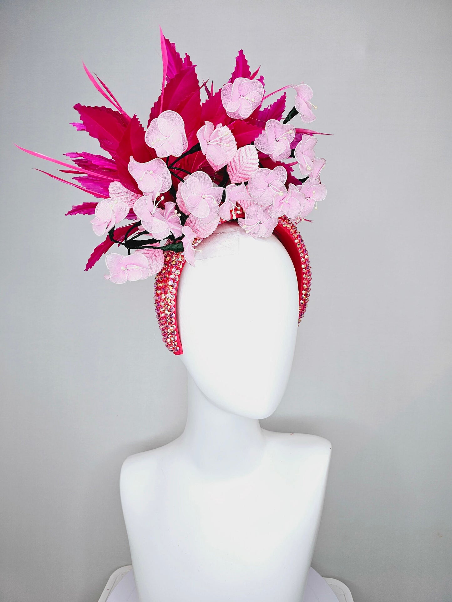 kentucky derby hat fascinator hot pink and red feathers on iridescent crystal coral headband with light pink wire mesh flowers,pink leaves