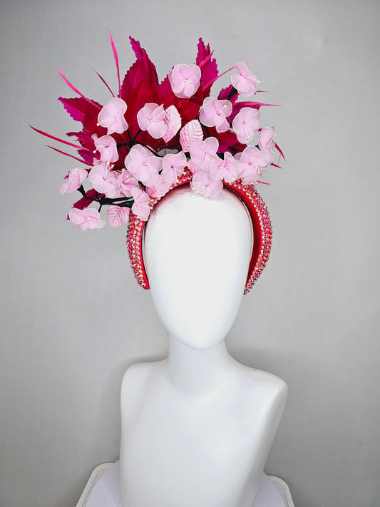 kentucky derby hat fascinator hot pink and red feathers on iridescent crystal coral headband with light pink wire mesh flowers,pink leaves