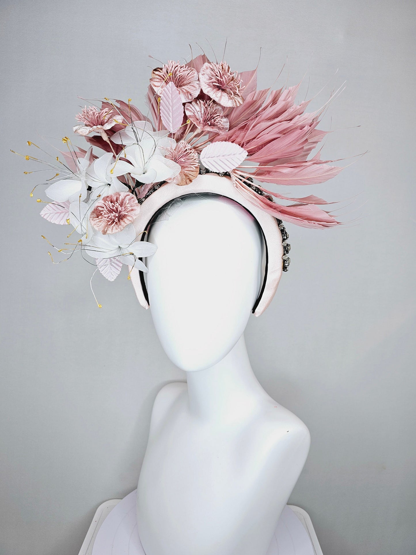 kentucky derby hat fascinator crystal rhinestone jewel beaded headband with blush pink feathers,white wire mesh flowers, light pink feathers