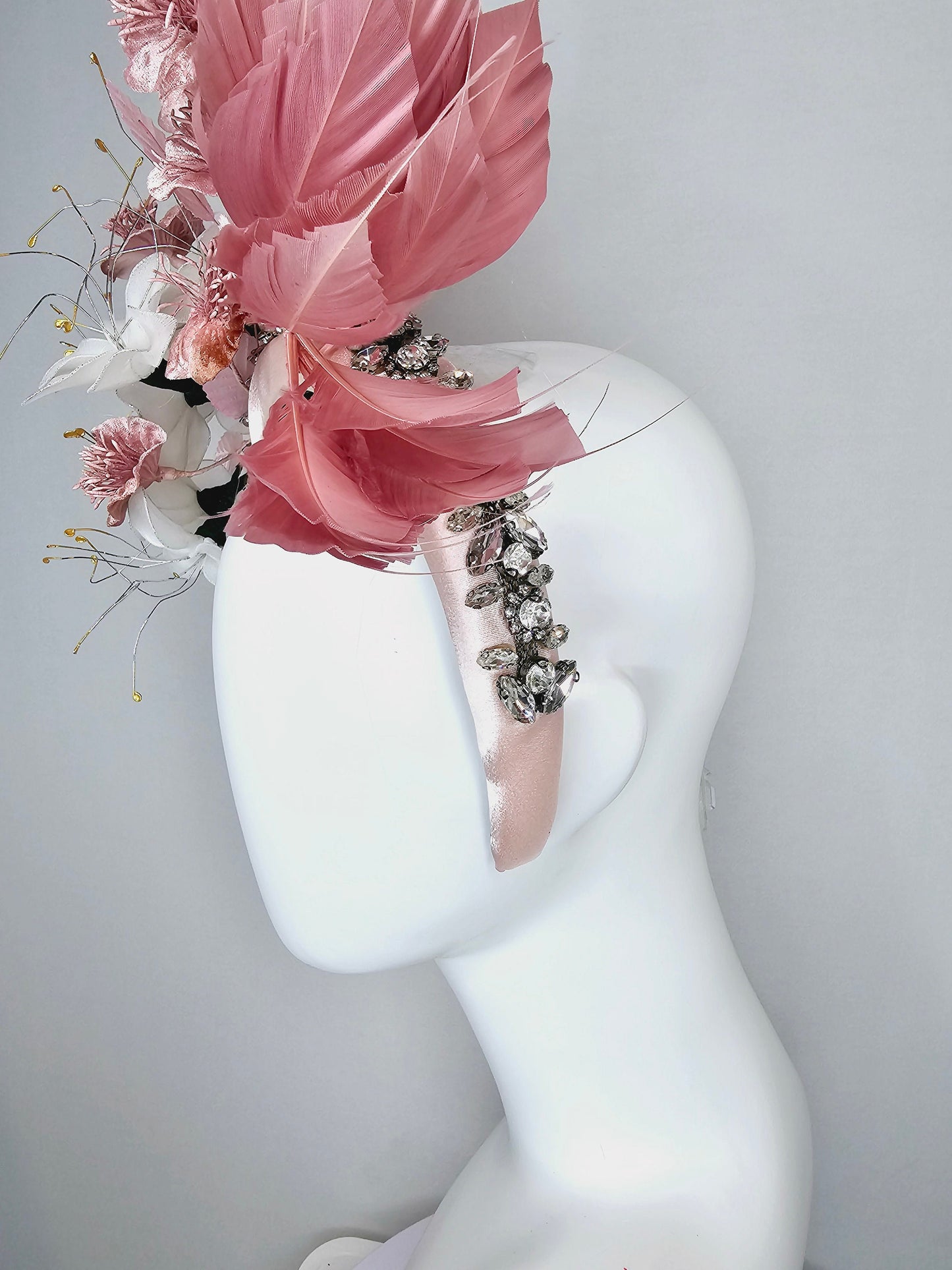 kentucky derby hat fascinator crystal rhinestone jewel beaded headband with blush pink feathers,white wire mesh flowers, light pink feathers