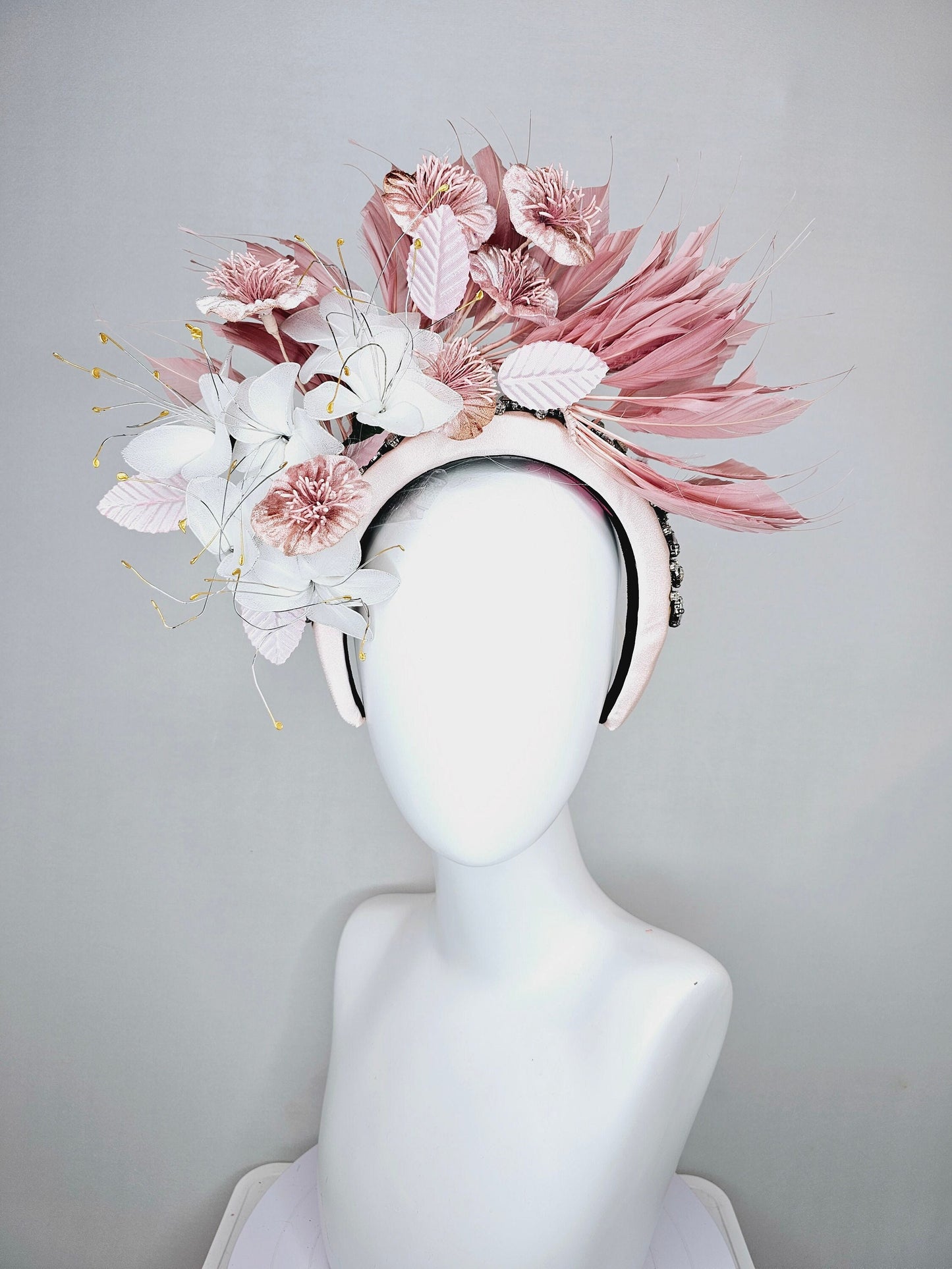 kentucky derby hat fascinator crystal rhinestone jewel beaded headband with blush pink feathers,white wire mesh flowers, light pink feathers