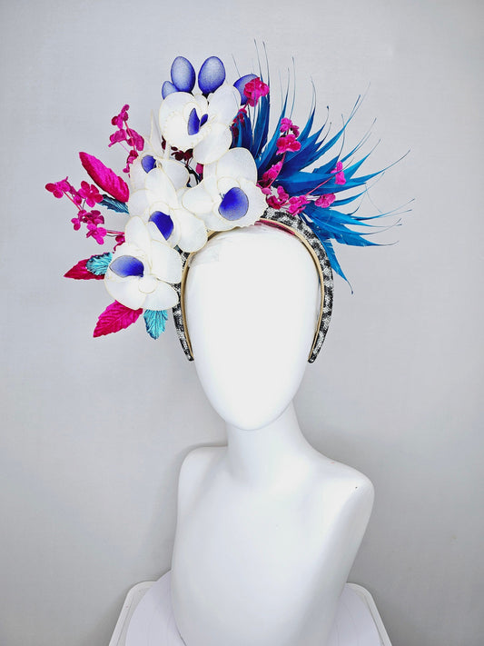 kentucky derby hat fascinator animal print rhinestone swarovski crystal headband with white wire flowers,royal blue feathers,and pink leaves