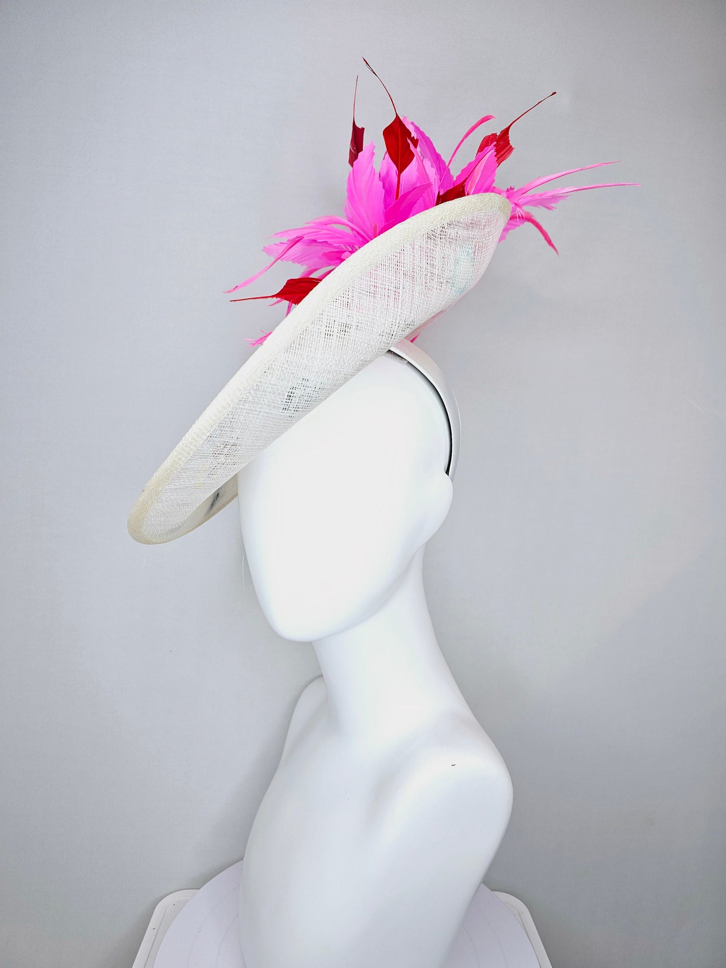 kentucky derby hat fascinator ivory sinamay saucer with rainbow colorful sequin crystal rhinestone beaded flowers,hot pink red feathers