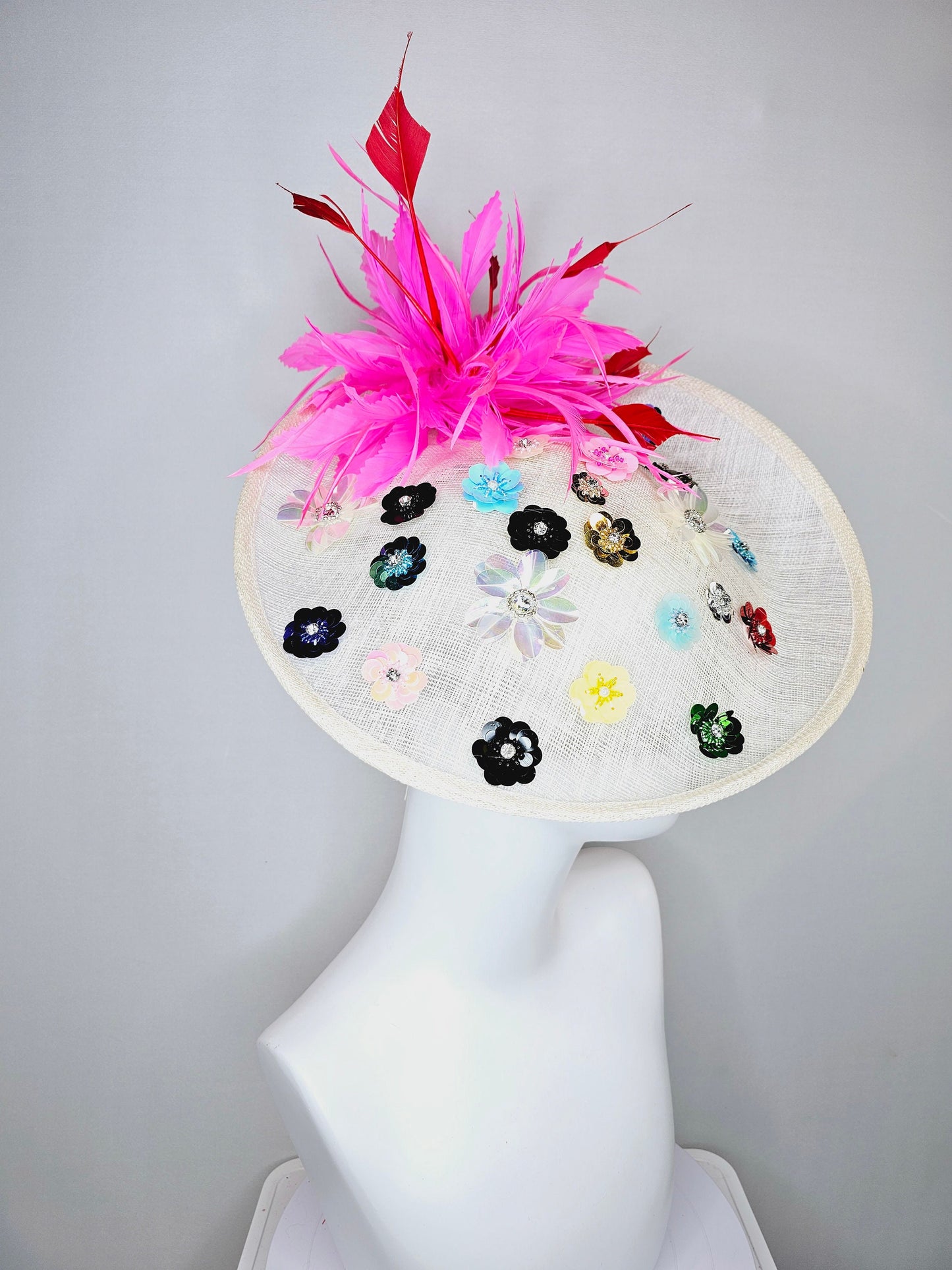 kentucky derby hat fascinator ivory sinamay saucer with rainbow colorful sequin crystal rhinestone beaded flowers,hot pink red feathers