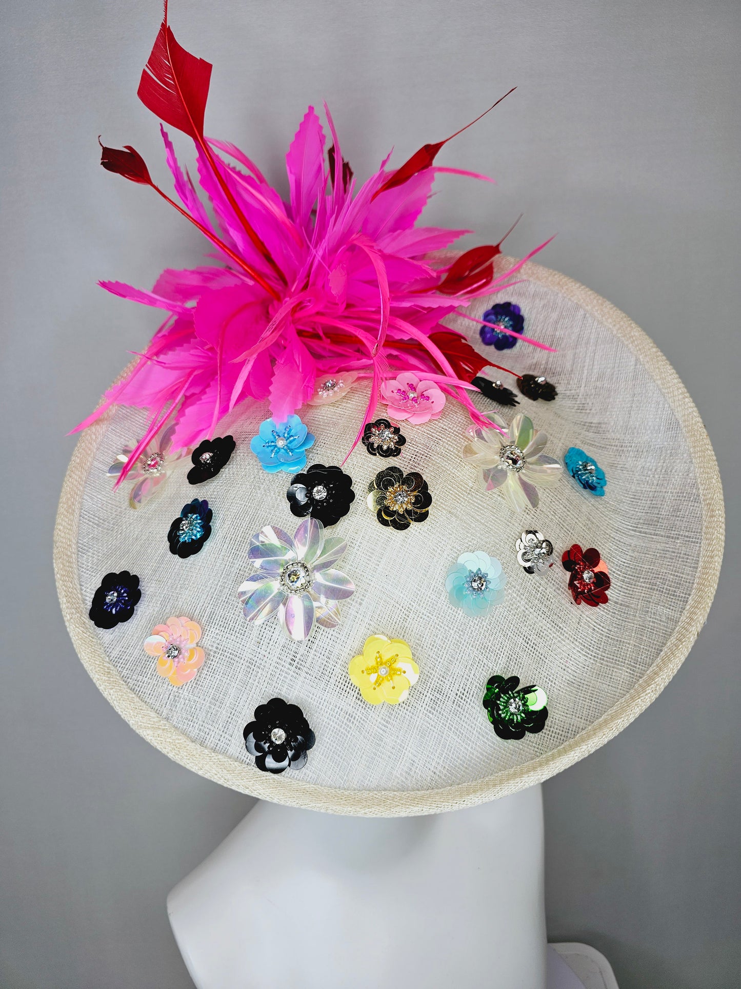 kentucky derby hat fascinator ivory sinamay saucer with rainbow colorful sequin crystal rhinestone beaded flowers,hot pink red feathers