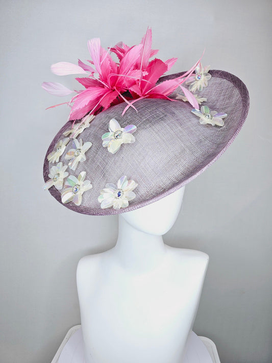 kentucky derby hat fascinator light purple lavender sinamay saucer with iridescent sequin crystal jewel beaded flowers,and pink feathers