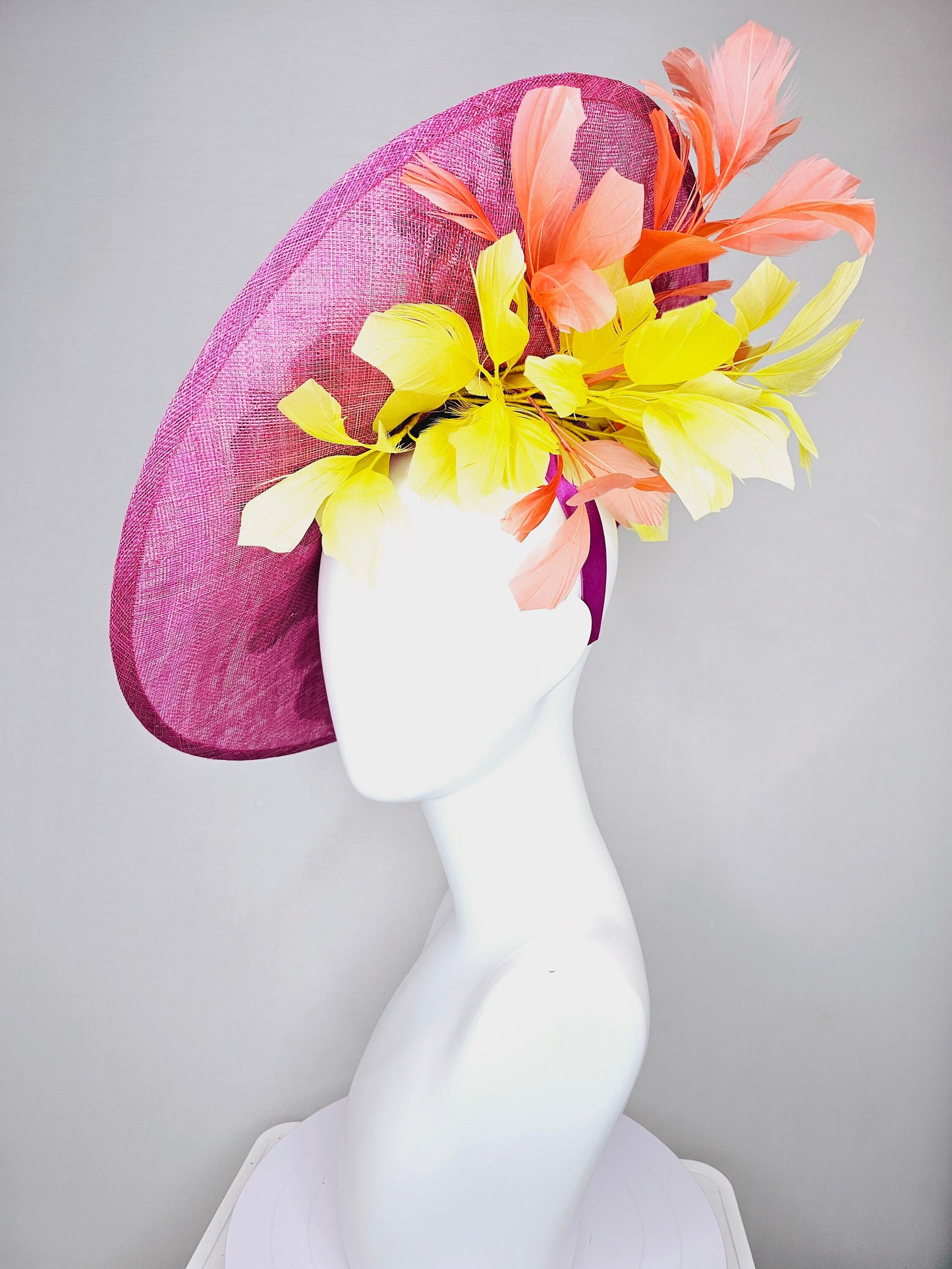 kentucky derby hat fascinator large pink sinamay saucer with yellow coral purple pink ivory embroidered flowers and orange yellow feathers