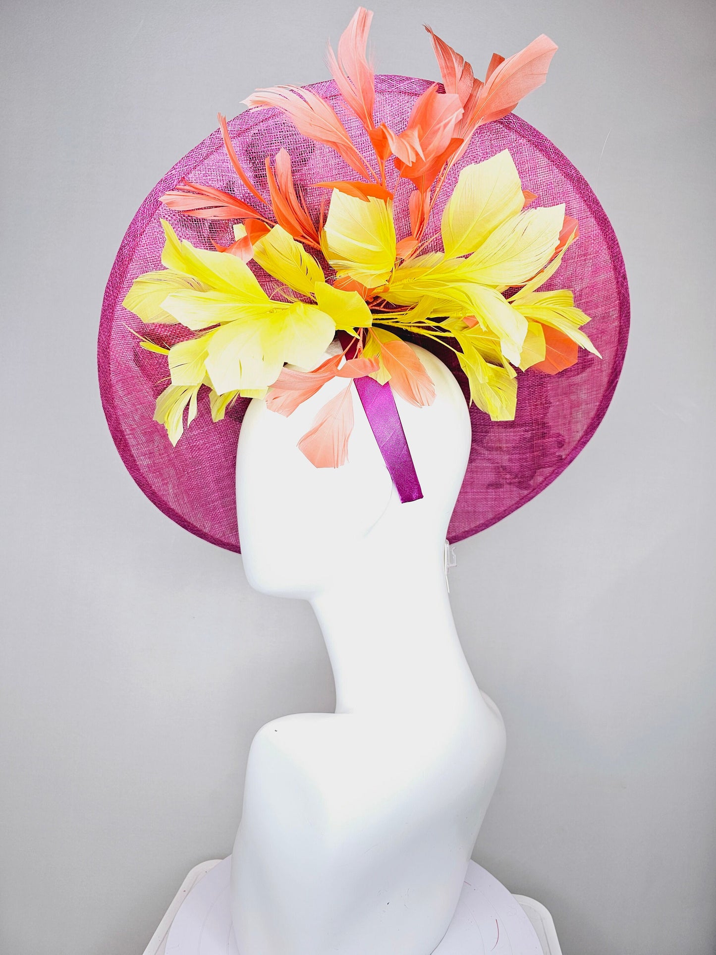 kentucky derby hat fascinator large pink sinamay saucer with yellow coral purple pink ivory embroidered flowers and orange yellow feathers