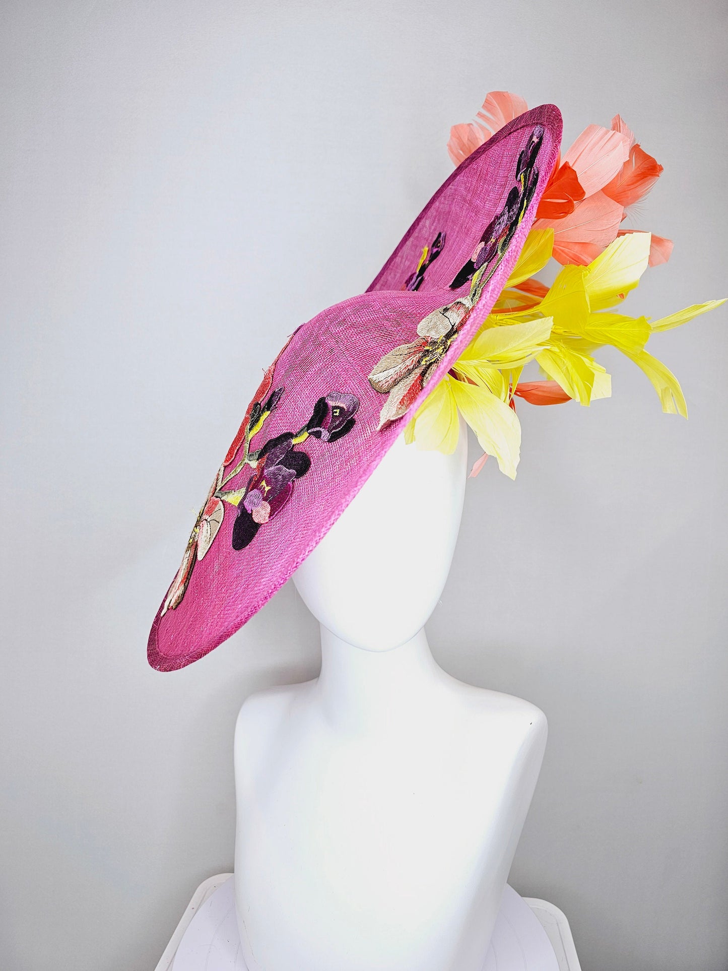 kentucky derby hat fascinator large pink sinamay saucer with yellow coral purple pink ivory embroidered flowers and orange yellow feathers