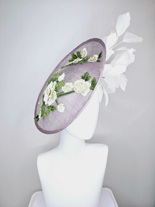 kentucky derby hat pewter gray sinamay saucer with green ivory flower floral embroidered,and white branching feathers