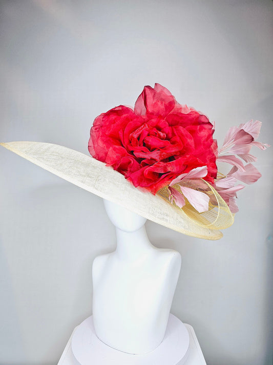 kentucky derby hat large wide brim sinamay neutral taupe beige hat with large red organza flower and blush pink feathers with gold crinoline