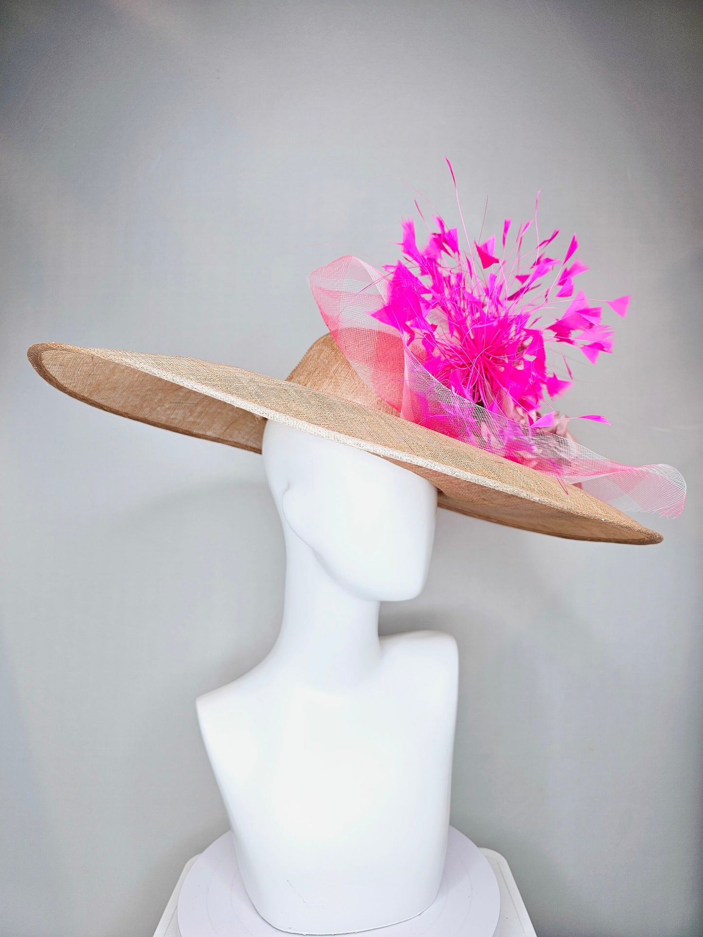 kentucky derby hat large wide brim sinamay neutral taupe beige hat with bright pink feathers, blush pink satin flower w pink plaid crinoline