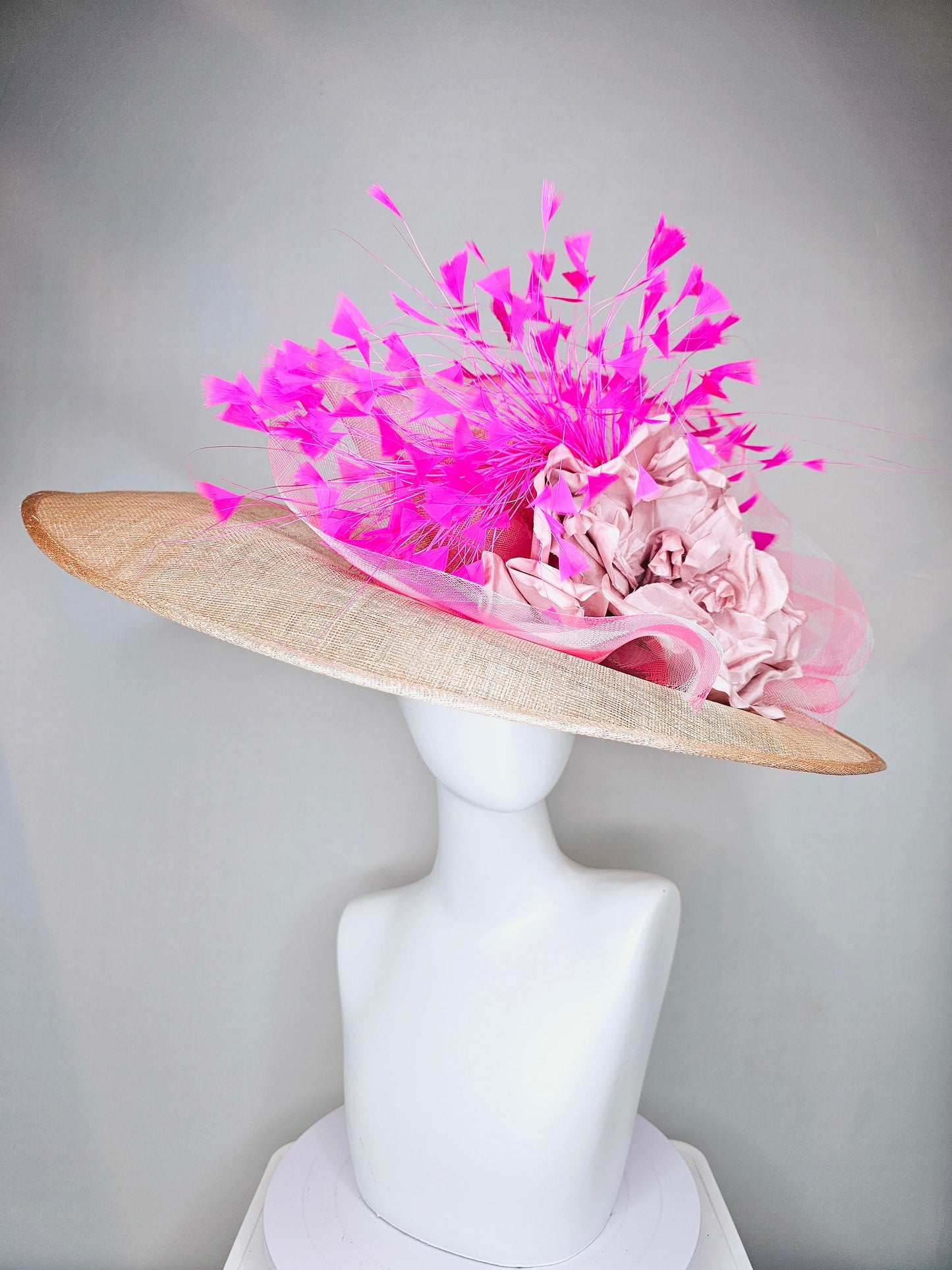 kentucky derby hat large wide brim sinamay neutral taupe beige hat with bright pink feathers, blush pink satin flower w pink plaid crinoline