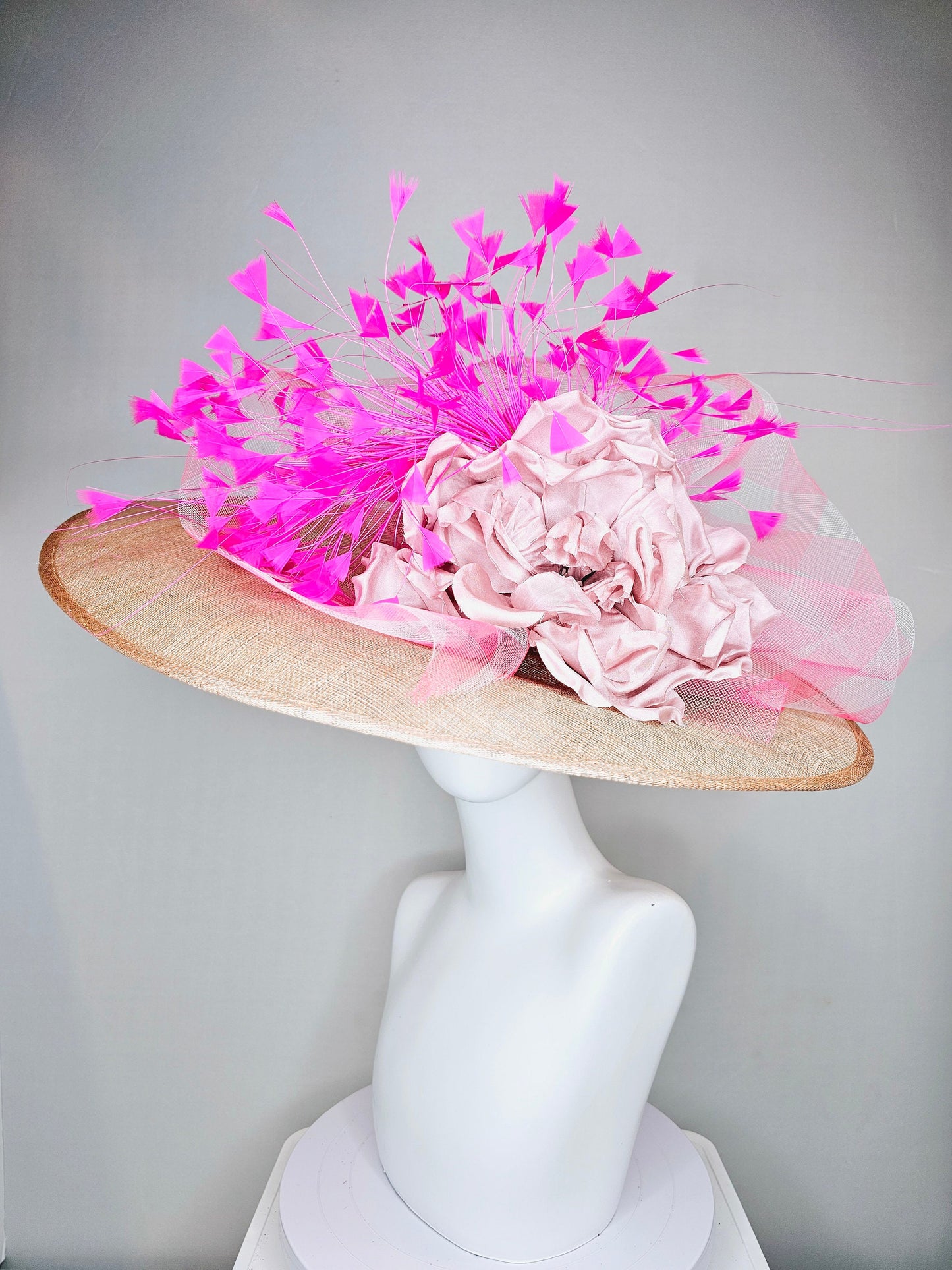 kentucky derby hat large wide brim sinamay neutral taupe beige hat with bright pink feathers, blush pink satin flower w pink plaid crinoline